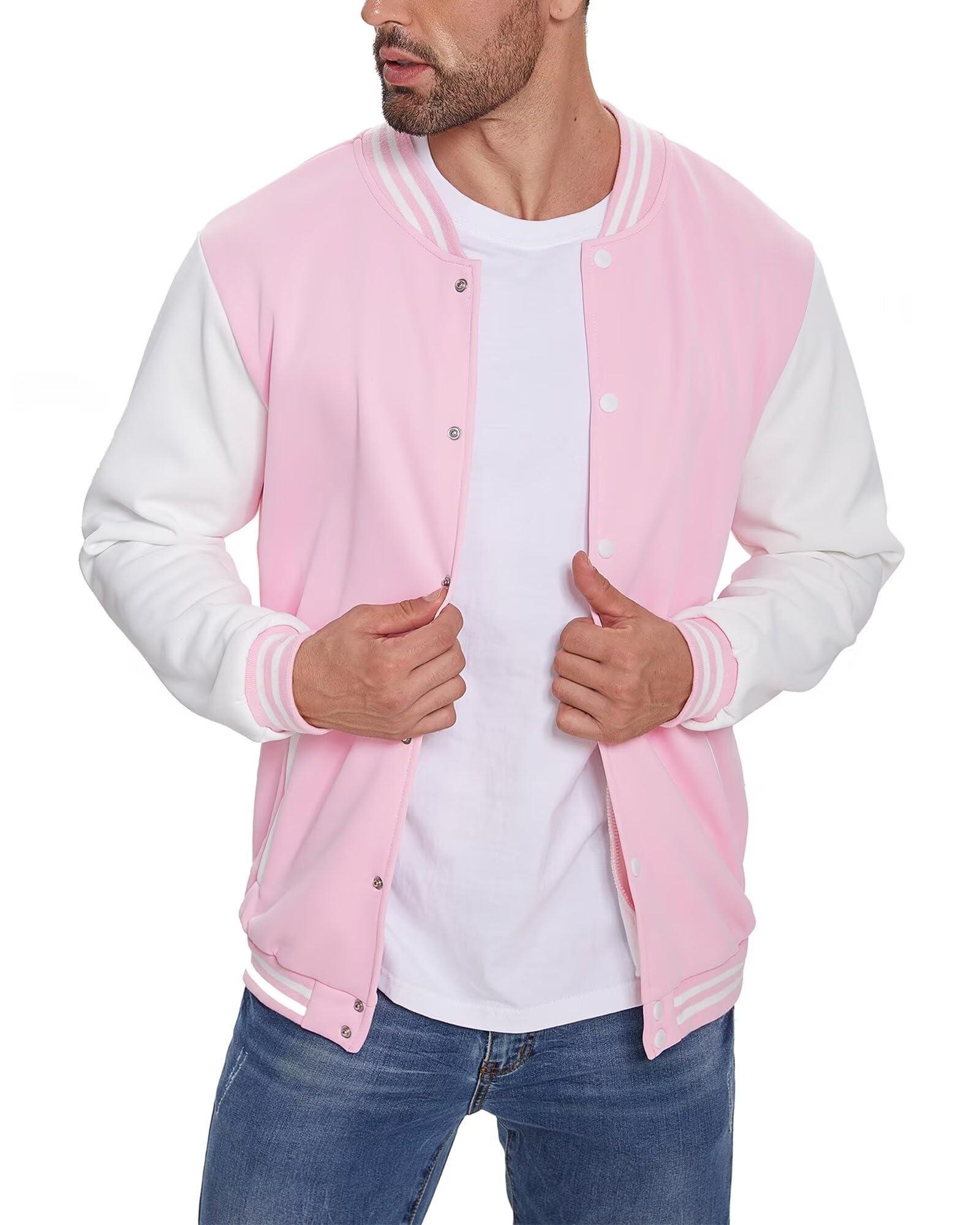 DHSPKN DHSPKN Men's Varsity Baseball Jacket Causal Slim Fit Varsity Letterman Jacket Boys Bomber Jackets Pink XXS