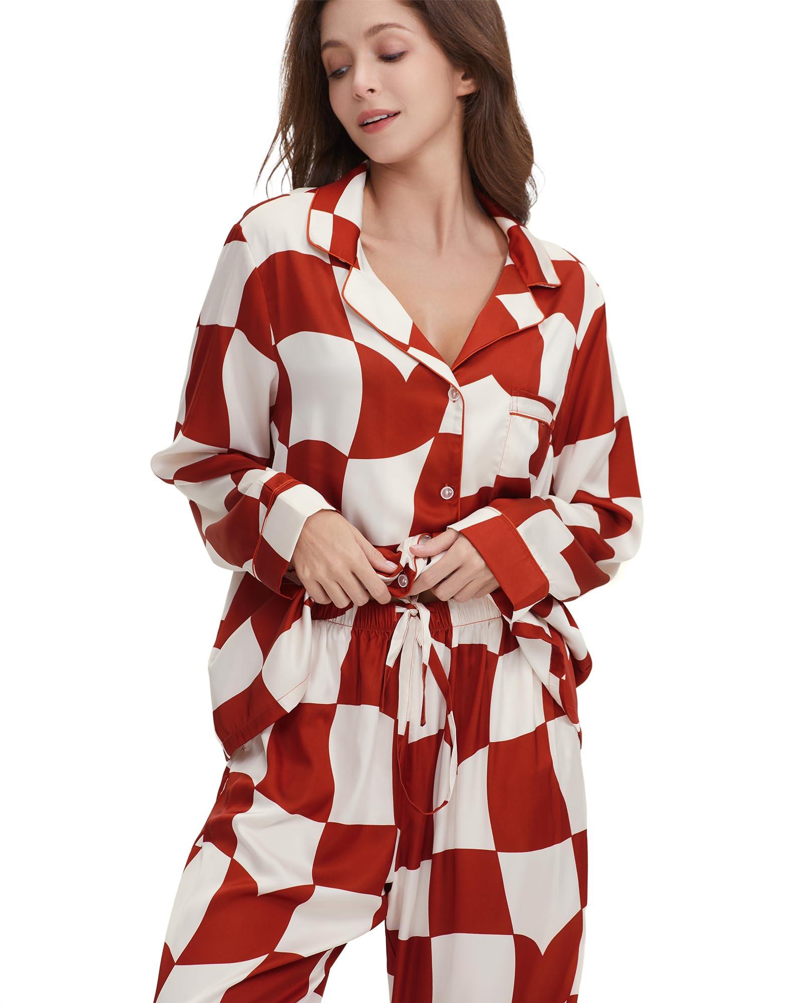 YiNi LuLu YiNi LuLu Womens Silk Satin Pajamas Set Button Down 2 Piece Pjs Set For Women Long Sleeve Oversized Sleepwear with Pockets Red Plaid