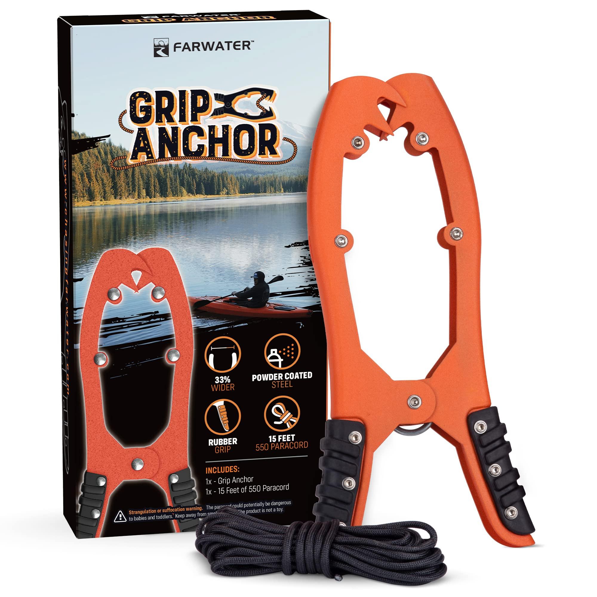 FARWATER FARWATER Canoe Anchor Grip - Boat, Float Tube & Kayak Fishing Accessories, Kayaking Equipment - Brush Clamp Anchor with Teeth - Gripper with 15ft Paracord - Rubber Grips - Coated Steel - Matte Orange