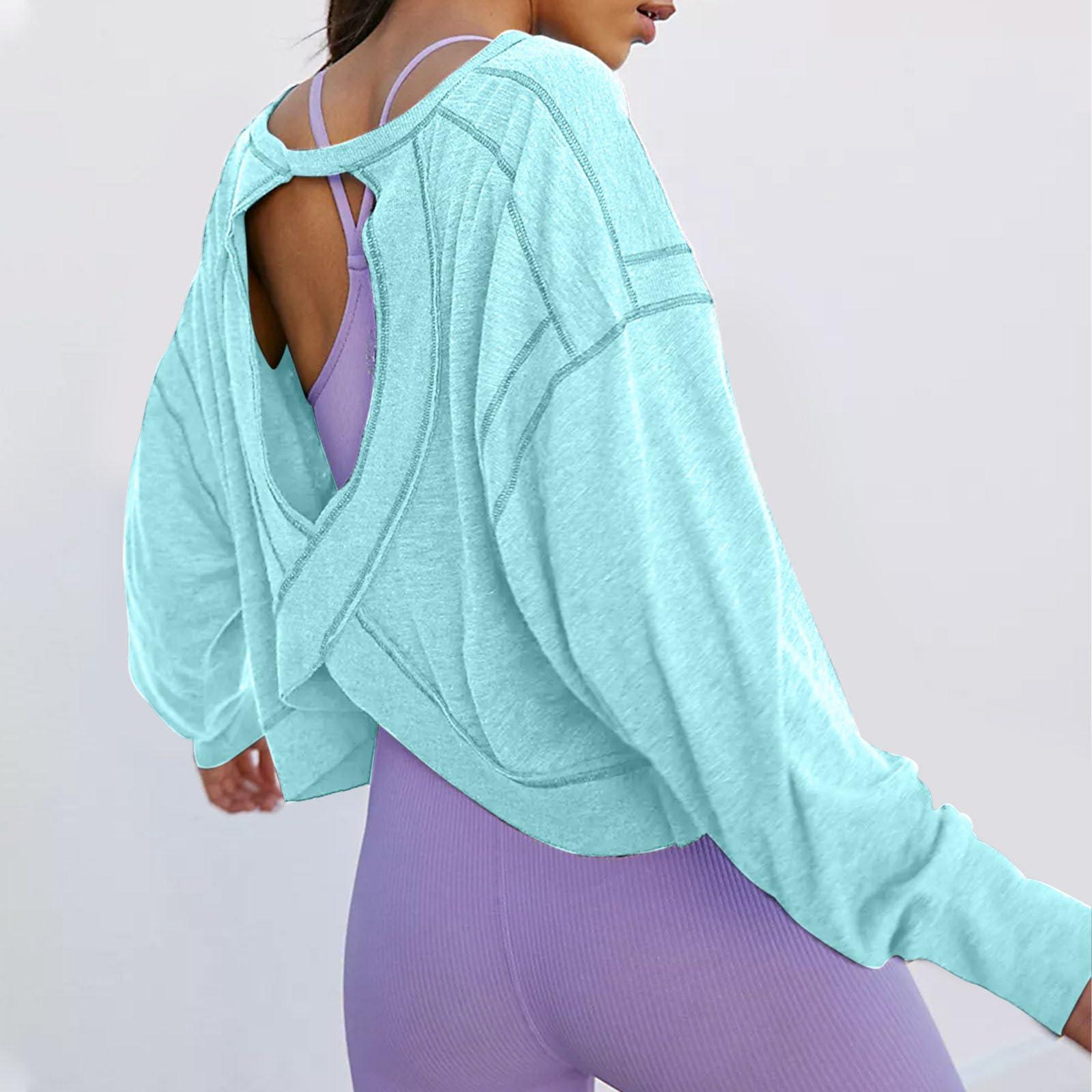 Wirziis Wirziis Open Back Workout Tops for Women Oversized Long Sleeve Athletic T-Shirt Baggy Backless Crop Gym Running Yoga Tops Sky Blue, X-Large