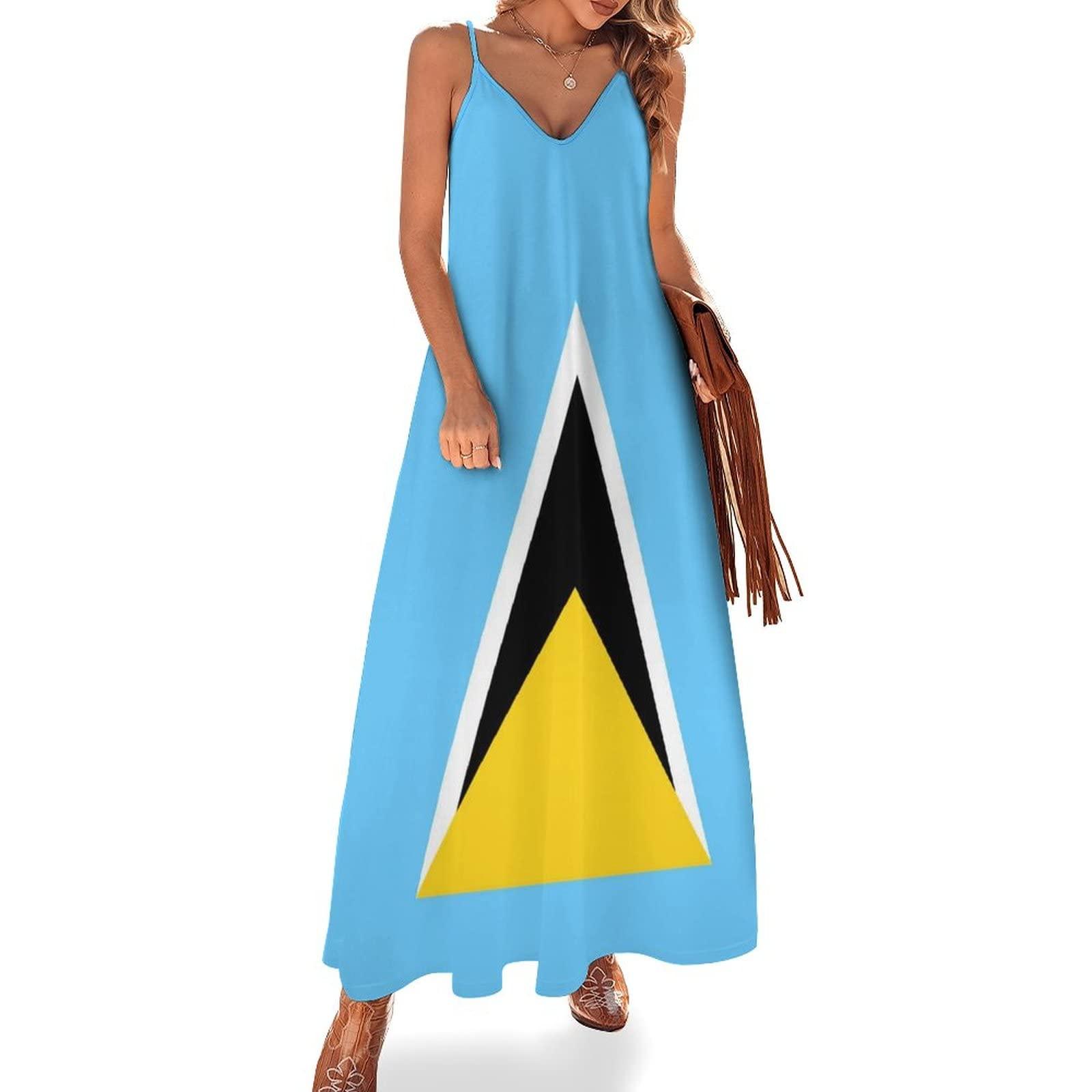 BAIKUTOUAN BAIKUTOUAN Saint Lucia Flag Women's Summer Strapless Dress Sundresses V-Neck Sleeveless Long