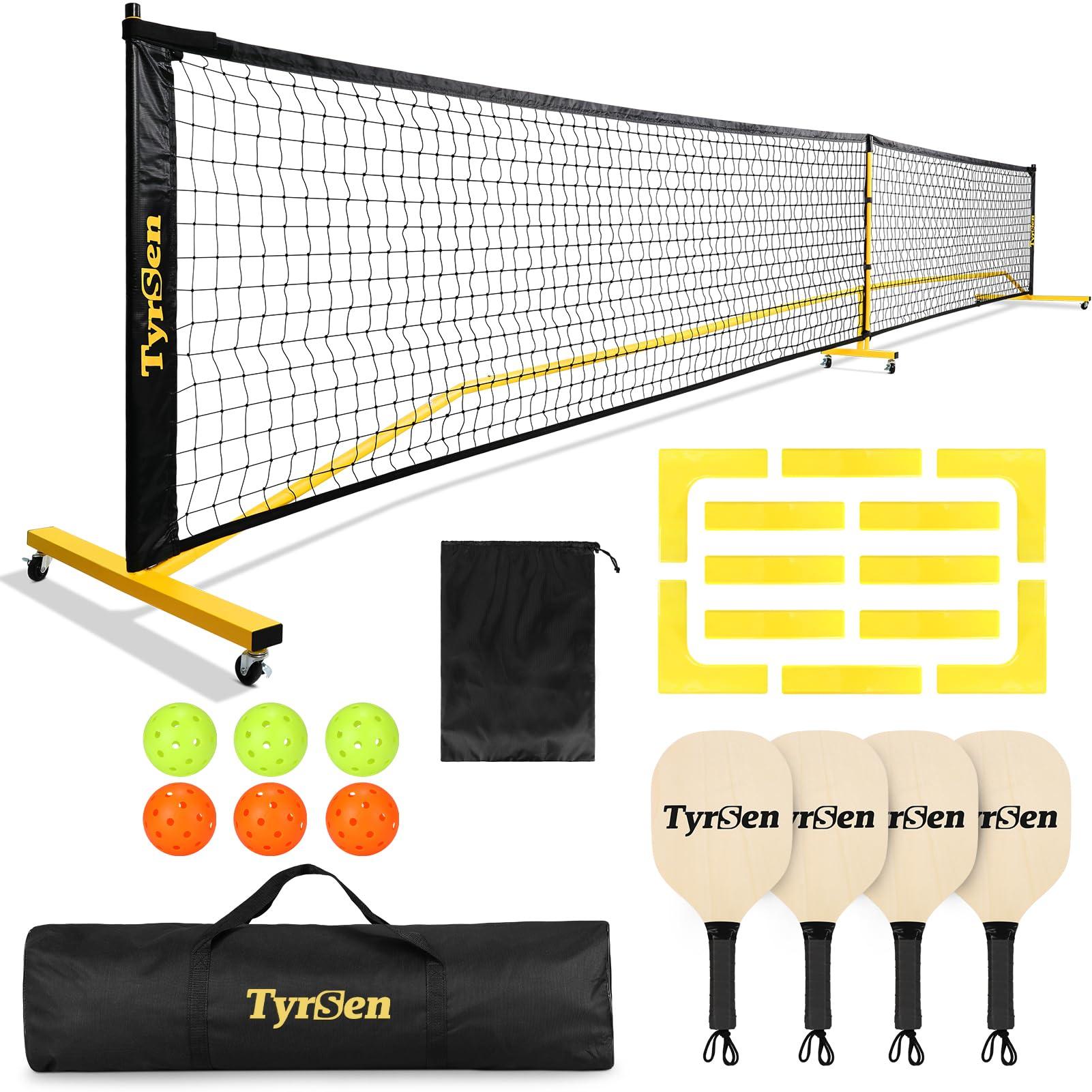 TYRSEN TYRSEN Pickleball Net Set - Pickleball Net on Wheels for Driveway Backyard, 22FT Regular Size, 4 Pickleball Paddles & 6 Balls, 12 Court Markers, 1 Carry Bag, Pickleball Set for Indoor Outdoor Play