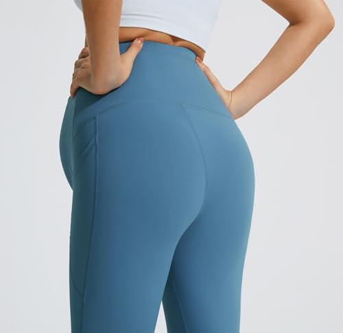JOYSPELS JOYSPELS Smooth Feeling Flare Maternity Leggings Over The Belly with Pockets Soft Bootcut Pregnancy Yoga Pants Blue Steel