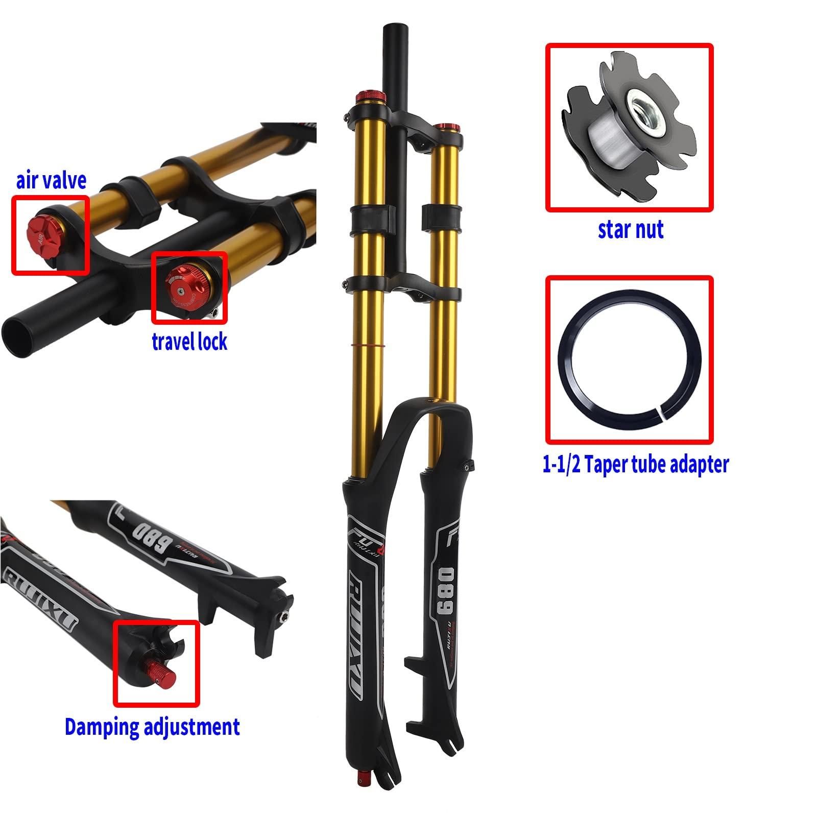 RUJIXU RUJIXU 26 27.5 29 Inch Mountain Bike Suspension Fork Disc Brake Straight/Tapered Manual Lockout Quick Release MTB DH Air Forks with Damping Adjustment Travel 135mm (Color : Black Gold, Size : 29")