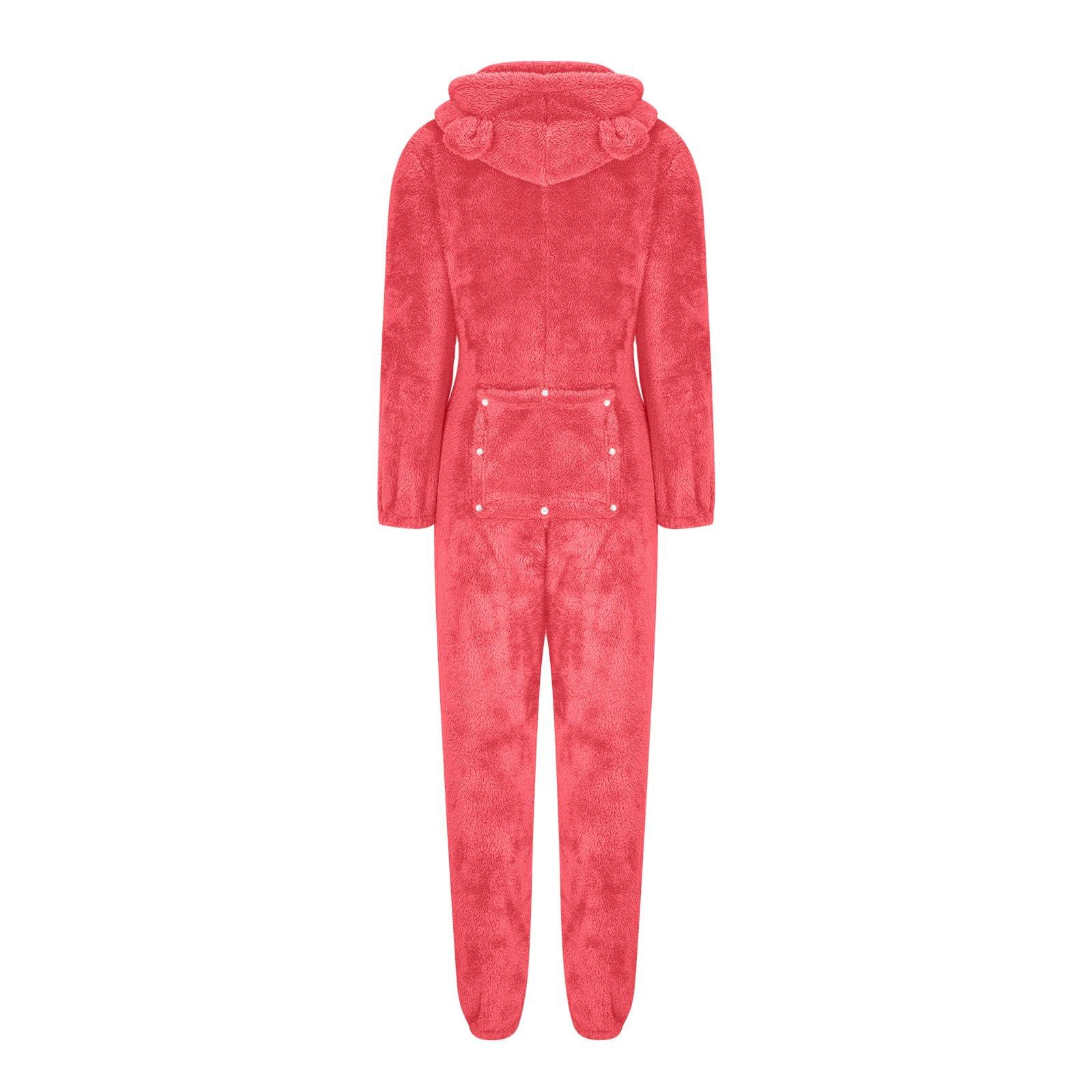 Auwer Sexy Adult Onesie Pajamas for Women Butt Flap Fleece Hooded One Piece Pajamas Womens Fluffy Sleepwear Watermelon Red