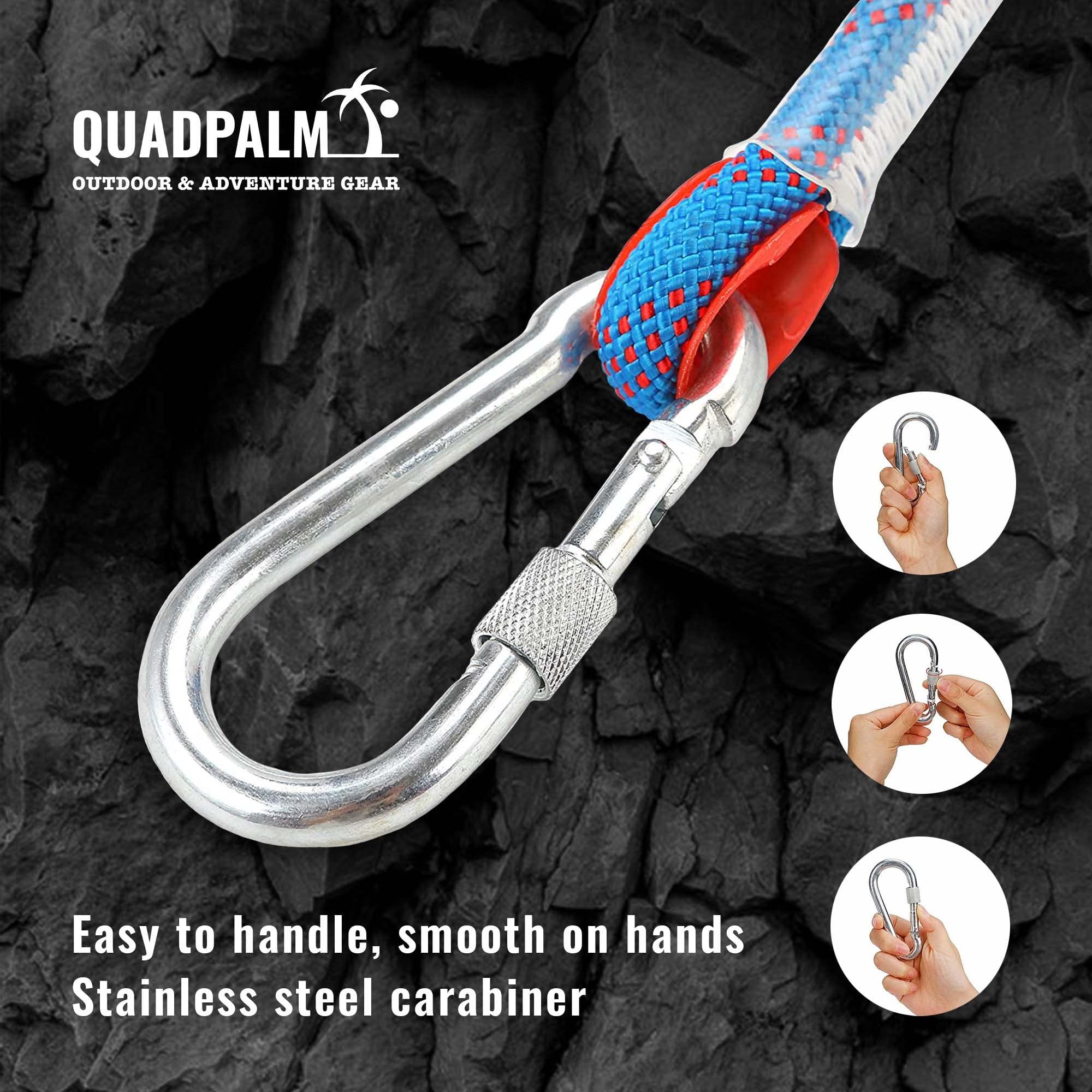 QUADPALM QUADPALM Grappling Hook and Blue Rope 10M (32ft) - Multifunctional Heavy Duty Survival Hook - 2 Locking Carabiner - 4 Stainless Steel Folding Claws - Survival Gear - Outdoors Camping Hiking Gear