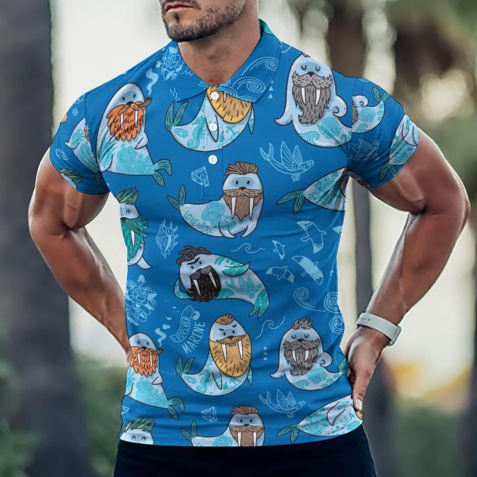 BAIKUTOUAN BAIKUTOUAN Walrus with Mustache and Tattoo Men\'s Golf Polo-Shirt Short Sleeve Jersey Tees Casual Tennis Tops 3XL