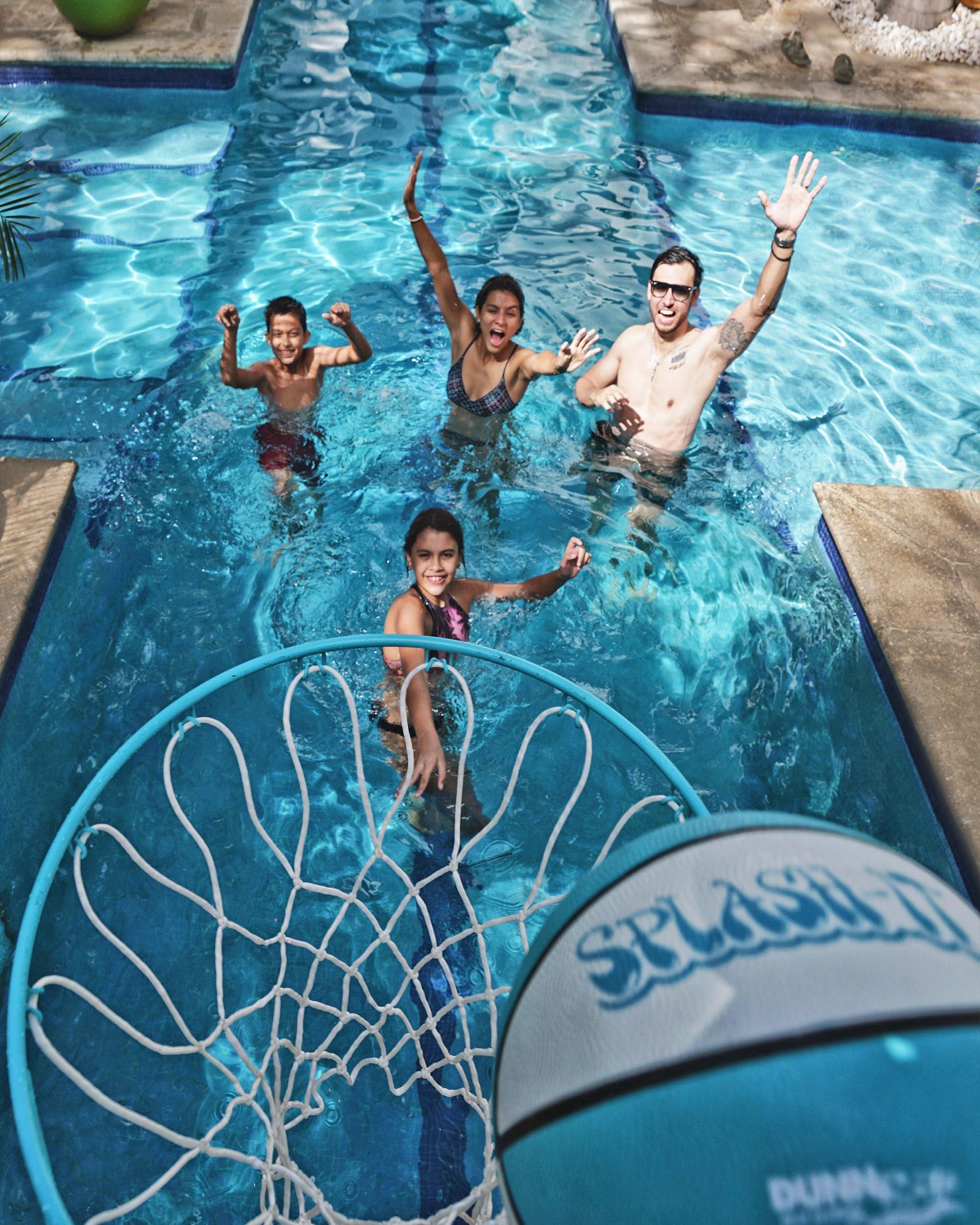 DUNNRITE Dunn-Rite Splash & Shoot Outdoor Adjustable Height Swimming Pool Basketball Hoop w/Ball, Base, & 18 Inch Stainless Steel Rim, Made in USA, Clear