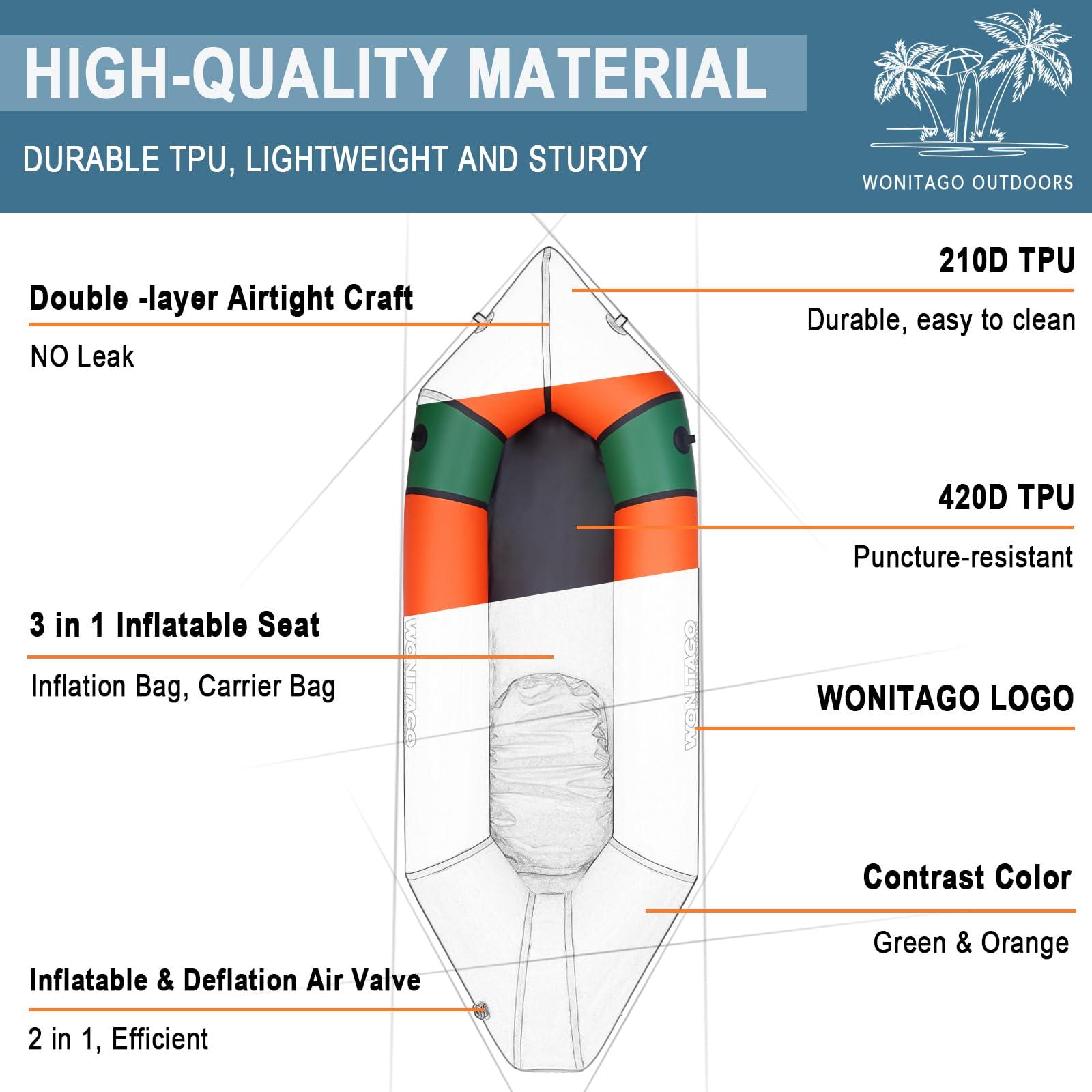 WONITAGO WONITAGO TPU Packraft Portable and Lightweight with Soft Seat, Inflatable Travel Kayaks for Flat Water Rafting/Bicycle Drifting/Litewater Dinghy, 255cm, Orange/Green
