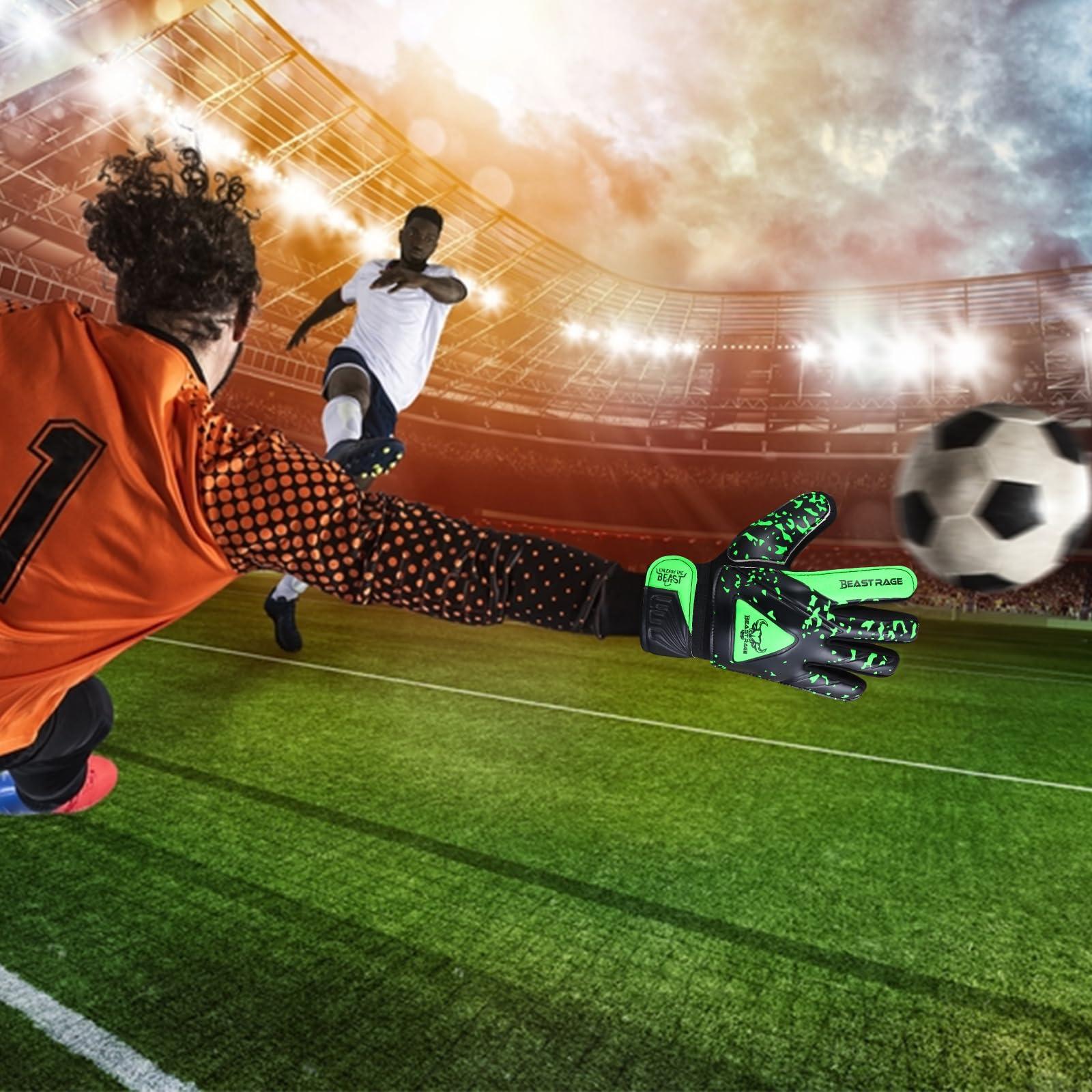 BEAST RAGE BEAST RAGE Goalkeeper Gloves for Kids Support Grip Youth Football Glove Kid Junior Soccer Glove for Kid 6-15 Men Adult Boys Football Gloves (Green, Size 5 for (9 to 12 Year Kid))