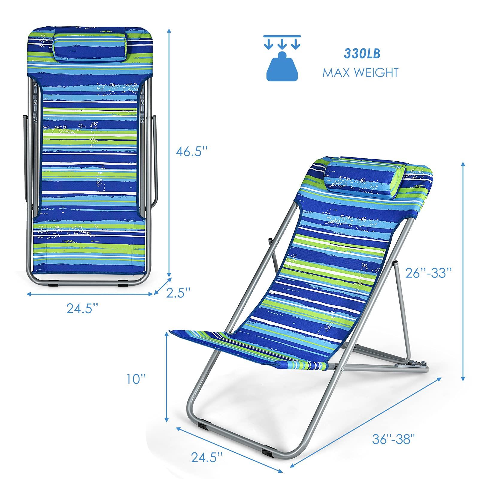 Giantex Giantex Beach Chair for Adults Camping Chair Set, Sunbathing Backpack Folding Recliner with 3 Adjustable Position, Lockable System, Headrest, Non-Slip Foot Pads, Lightweight Sand Chair (2, Blue)