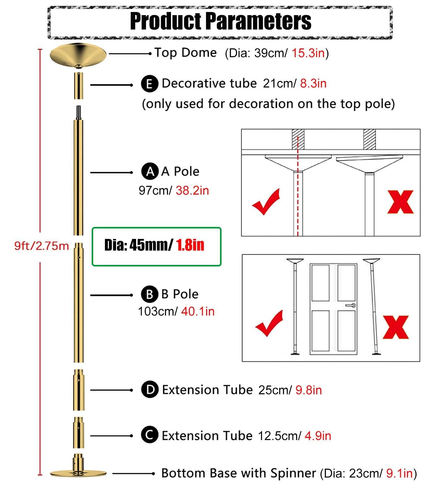 JYDQMOLS JYDQMOLS Portable Dance Pole Home Fitnes 2.74m/9ft Height Adjustable Spinning/Static Dance Pole, Home/Yoga Room/Dance Studio Extendable Dancing Pole Kit for Beginner/Professional Dancers(Gold)