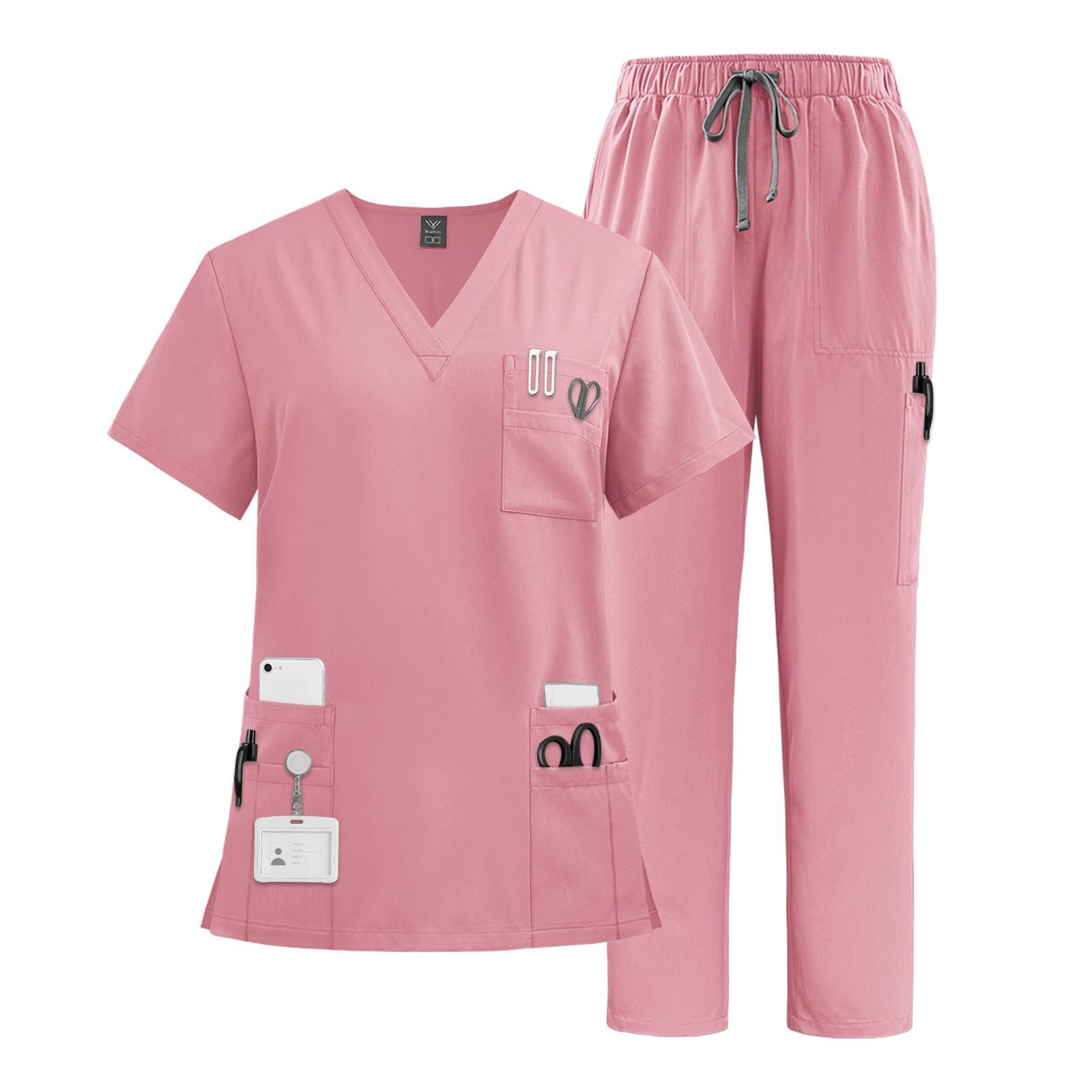 VIAOLI VIAOLI Scrubs Set Multiple pockets V-Neck Top and Drawstring Scrub Pant - Medical Uniform Women Scrub Set Clearance (Pink,XXL,XX-Large)
