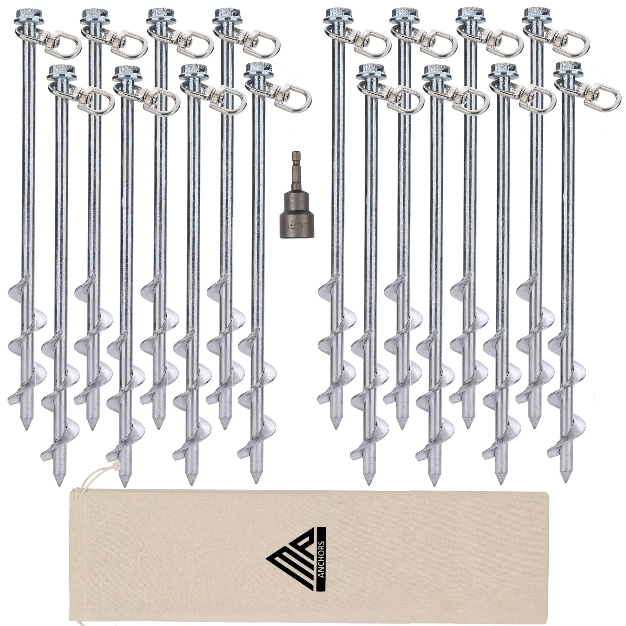 MightyPhine Ground Anchors Screw in - 12\" Set of 16 with Drill Bit - Earth Anchors - Ground Stakes Heavy Duty - Mobile Home Anchors - Shed Anchor Kit - Swing Set Anchors - Tree Stakes - Awning Canopy Anchor