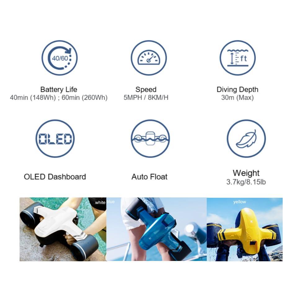 CAMOLECH CAMOLECH ROBOSEA Seaflyer Seascooter 800W Underwater Scooter 100ft Depth Water Propellers Diving Equipment for Swimming Pool Sea (White)