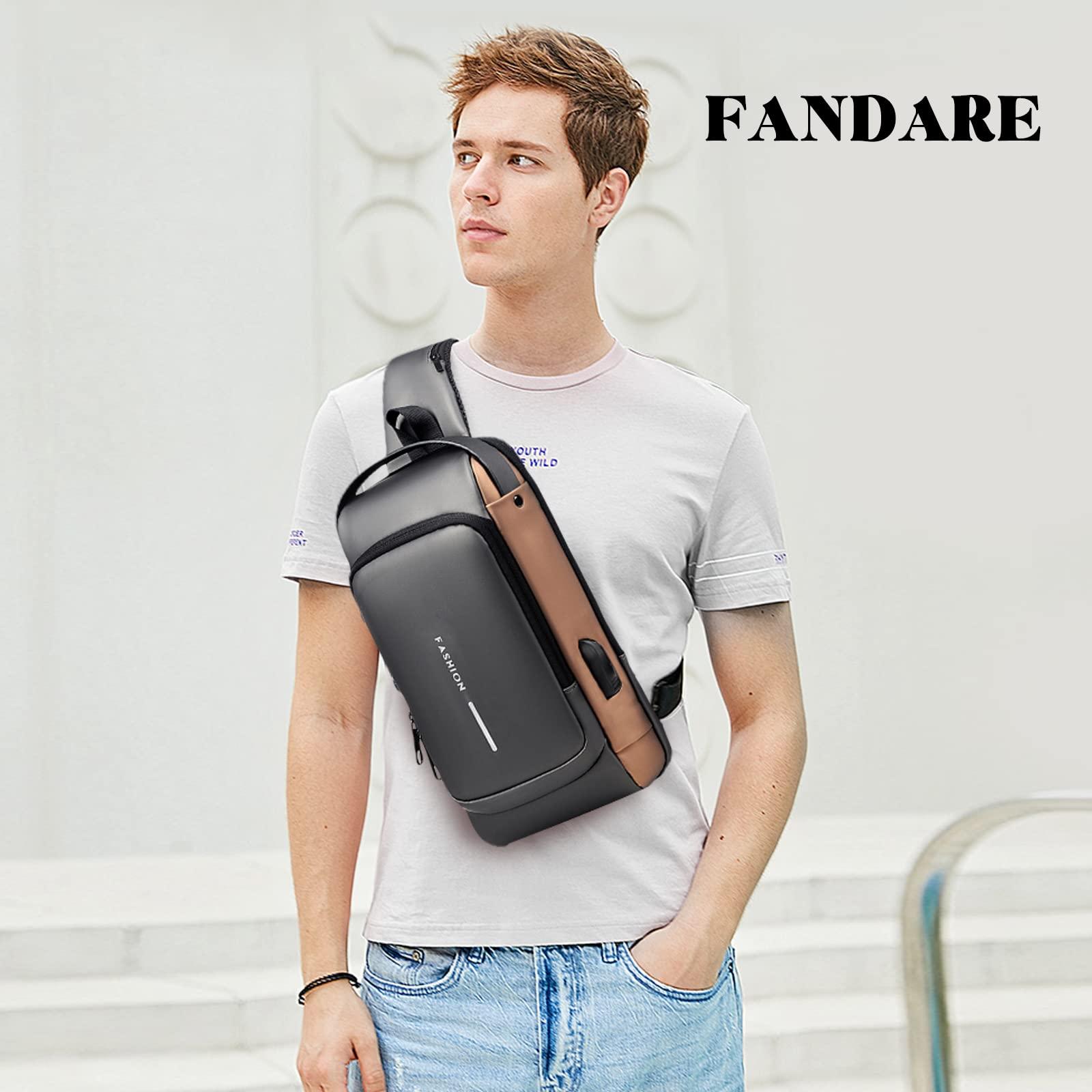 FANDARE FANDARE Anti-theft Sling Bag Business Men Bag Chest Crossbody bags with USB Charging Port Waterproof Small Backpack for Outdoor Work Hiking Running Sport Travel Bag Gray Brown