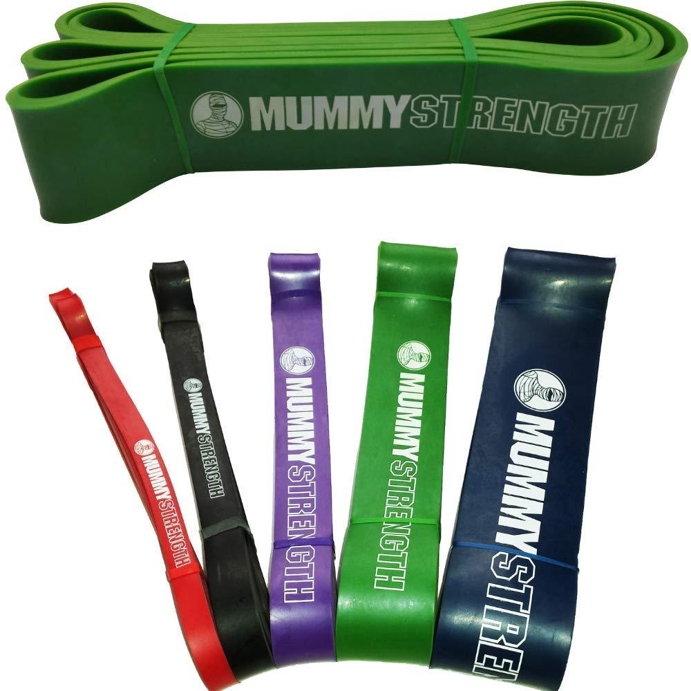 MummyFit MummyStrength Resistance Bands for Men and Women. The Best Stretch Band for Pull Up Exercise and Powerlifting. Works with Any Pull Up Bar or Station. Single Band. Workout Guide Included (Green)