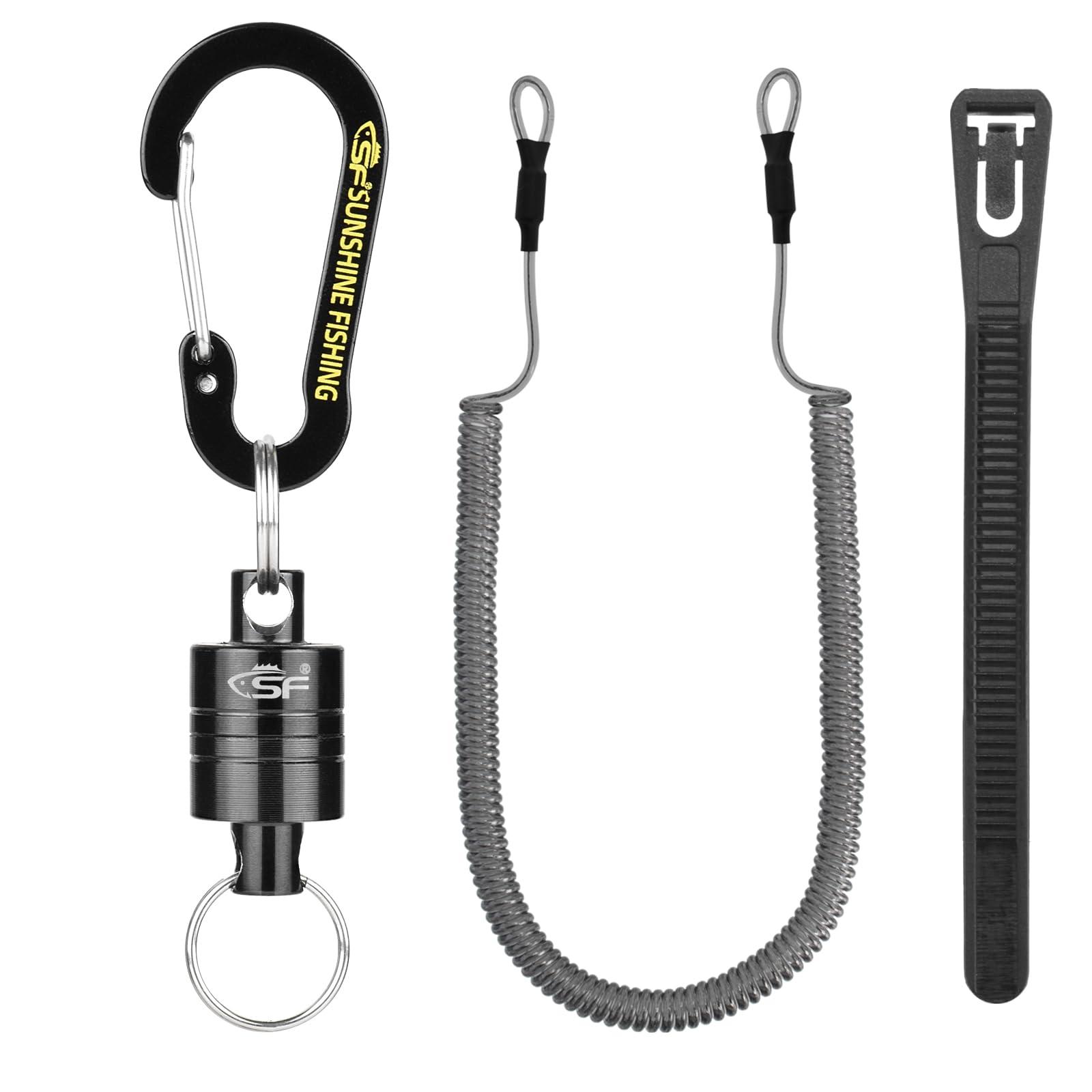 SF SF Strongest Magnetic Release Holder Keychain Fly Fishing Net Retractor Magnet Clip with Coiled Lanyard Carabiner - Black