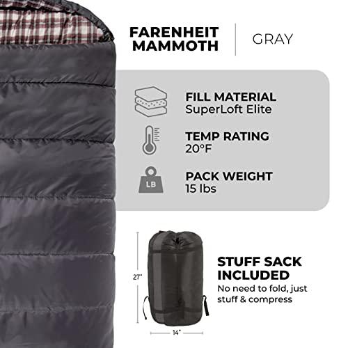 TETON Sports TETON Sports Fahrenheit Mammoth +20F/-7C Queen-Size Double Sleeping Bag; Warm and Comfortable; Double Sleeping Bag Great for Family Camping; Compression Sack Included, Grey (1064), +20F/ 94" X 62"/ Gr