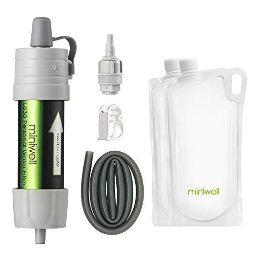 miniwell miniwell Gravity Water Filter Straw Ultralight Versatile Hiker Water Filter Optional Accessories. TUV Proven Emergency Kit Hurricane Storm Supplies. (Water Filter with Collapsible Bottles in Grey)