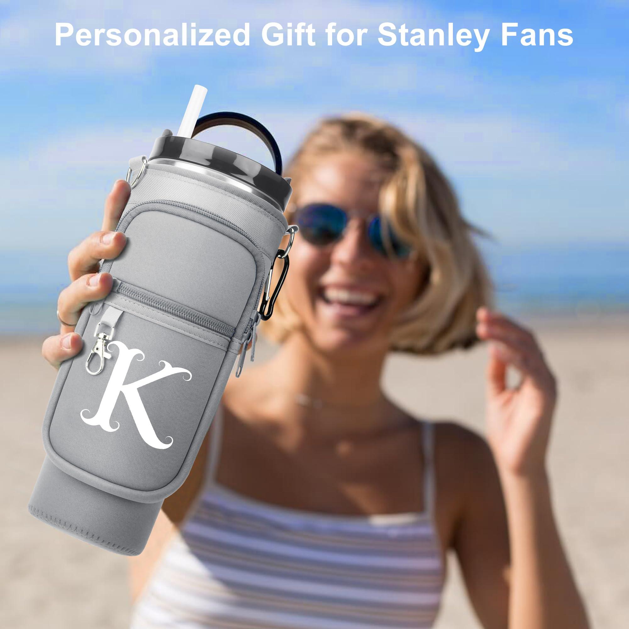 LOKASS LOKASS Water Bottle Holder with Strap for Stanley Cup 30 oz Tumbler with Handle, Personalized Initial Gift, Water Bottle Carrier Bag with Phone Pocket & Carabiner for Stanley Cup Accessories