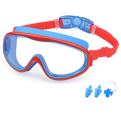 KAILIMENG KAILIMENG Kids Swim Goggles, Clear Wide View No-Leak Anti-Fog UV Protection Swimming Glasses with Nose Clip Earplugs for Toddlers Youth Child 3-15 Years Old (Red Blue)