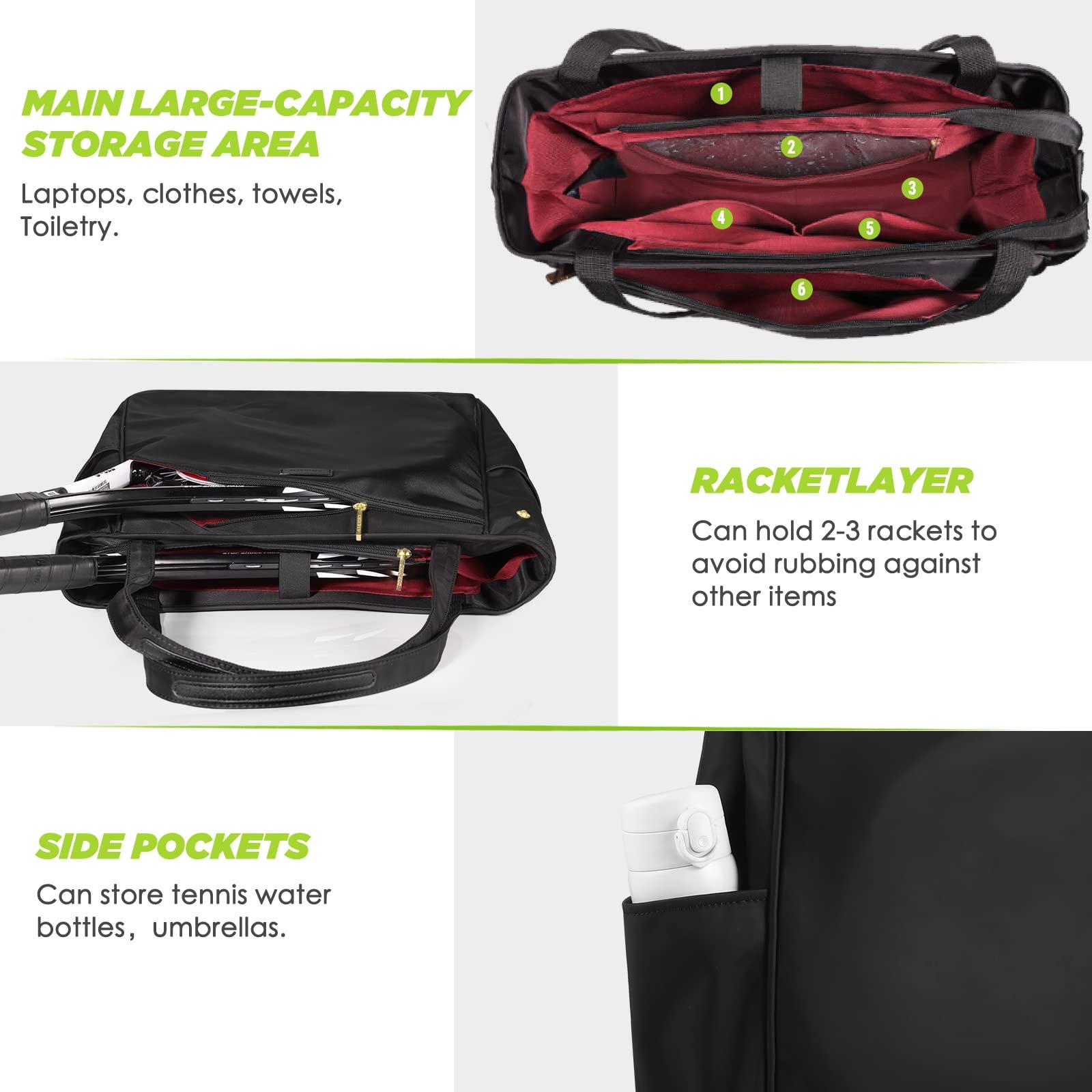 CHICECO CHICECO Tennis Tote Bag for Women, Large Tennis Racket Bag, tennis bag 2 rackets,Pickleball Bag,Padel Bag,Black (Black)