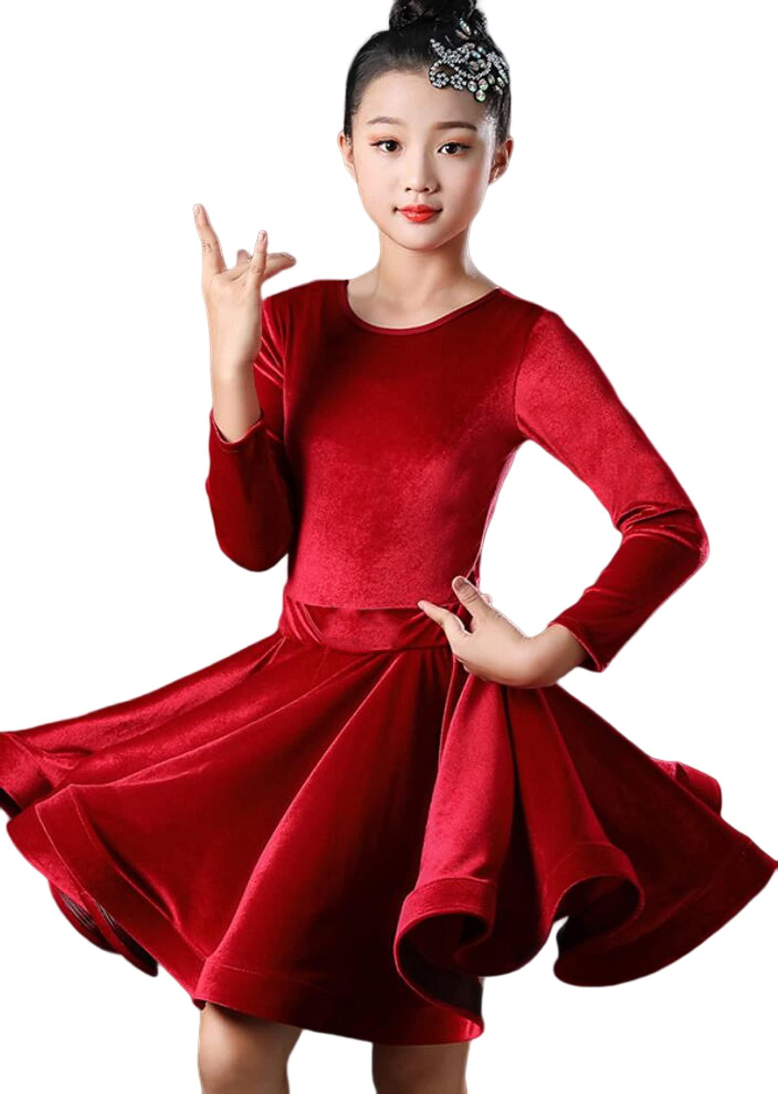 OTMYIGO OTMYIGO Girl Latin Dance Dress Tango Salsa Dancewear Dress Ballroom Competition Party Stage Performance Practice Costumes,Red,M