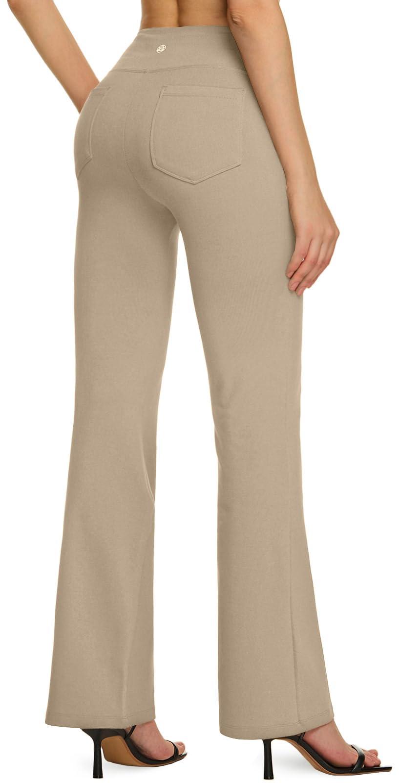 TSLA TSLA Women\'s Yoga & Dress Pants, Office Business Casual Work Slacks, Stretch Straight Leg/Bootcut Pants with 4 Pockets, Bootcut Khaki, Large