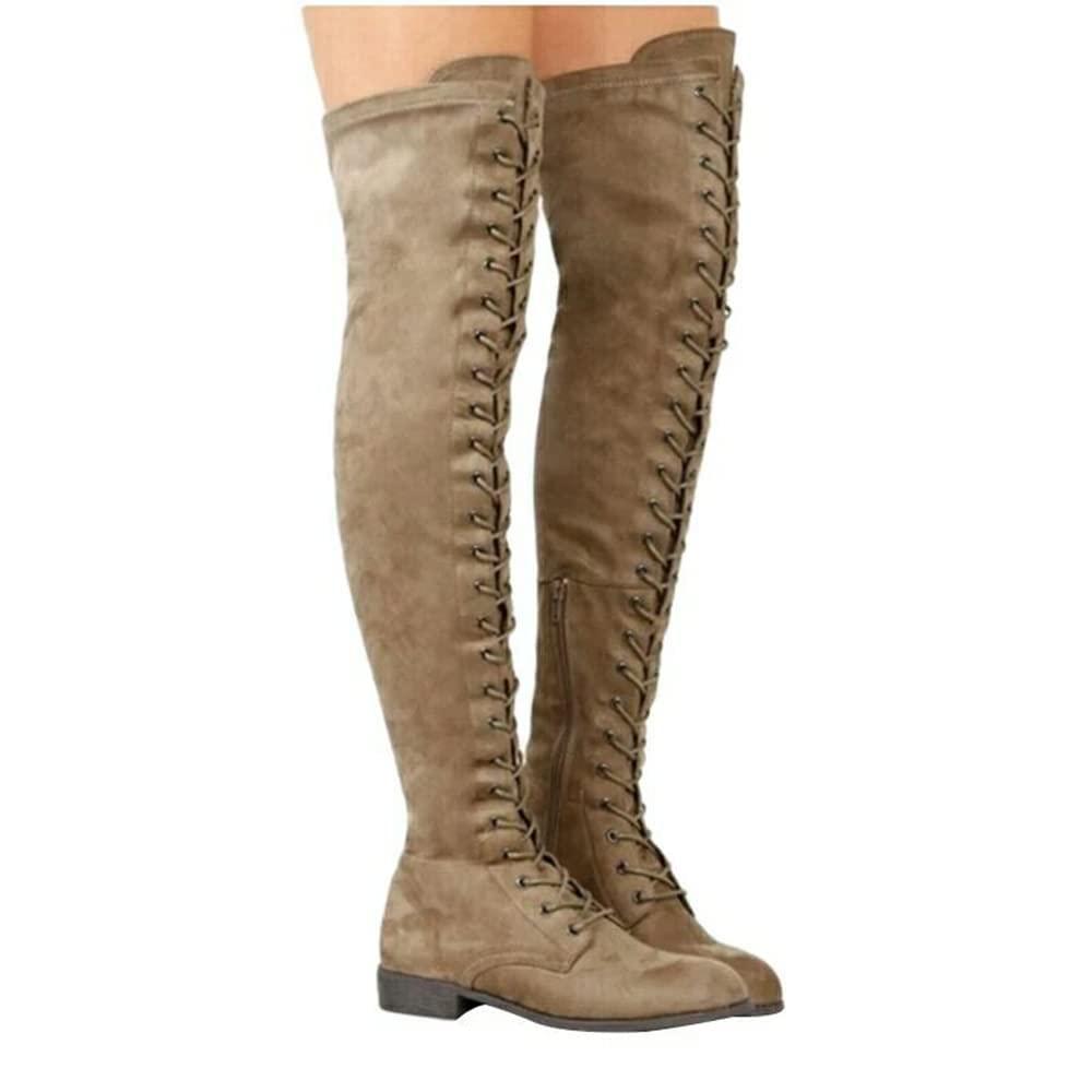 ZBYY ZBYY Women's Over The Knee Low Heel Lace Up Tall Boots Fashion Side Zipper Thigh High Stretchy Boots Casual Riding Booties
