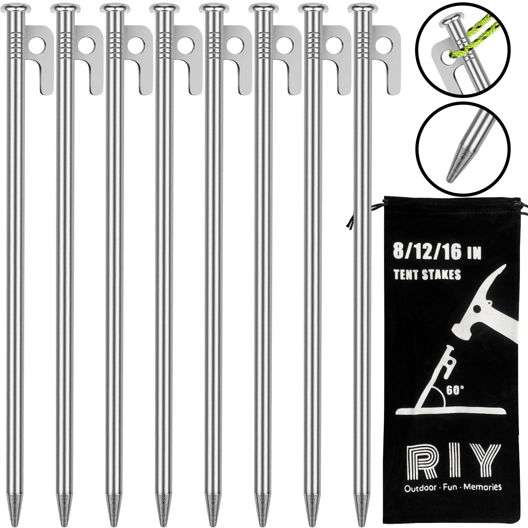RIY 8 Pack Tent Stakes Heavy Duty 12 inch Steel Tent Pegs for Camping Unbreakable and Inflexible-Silver