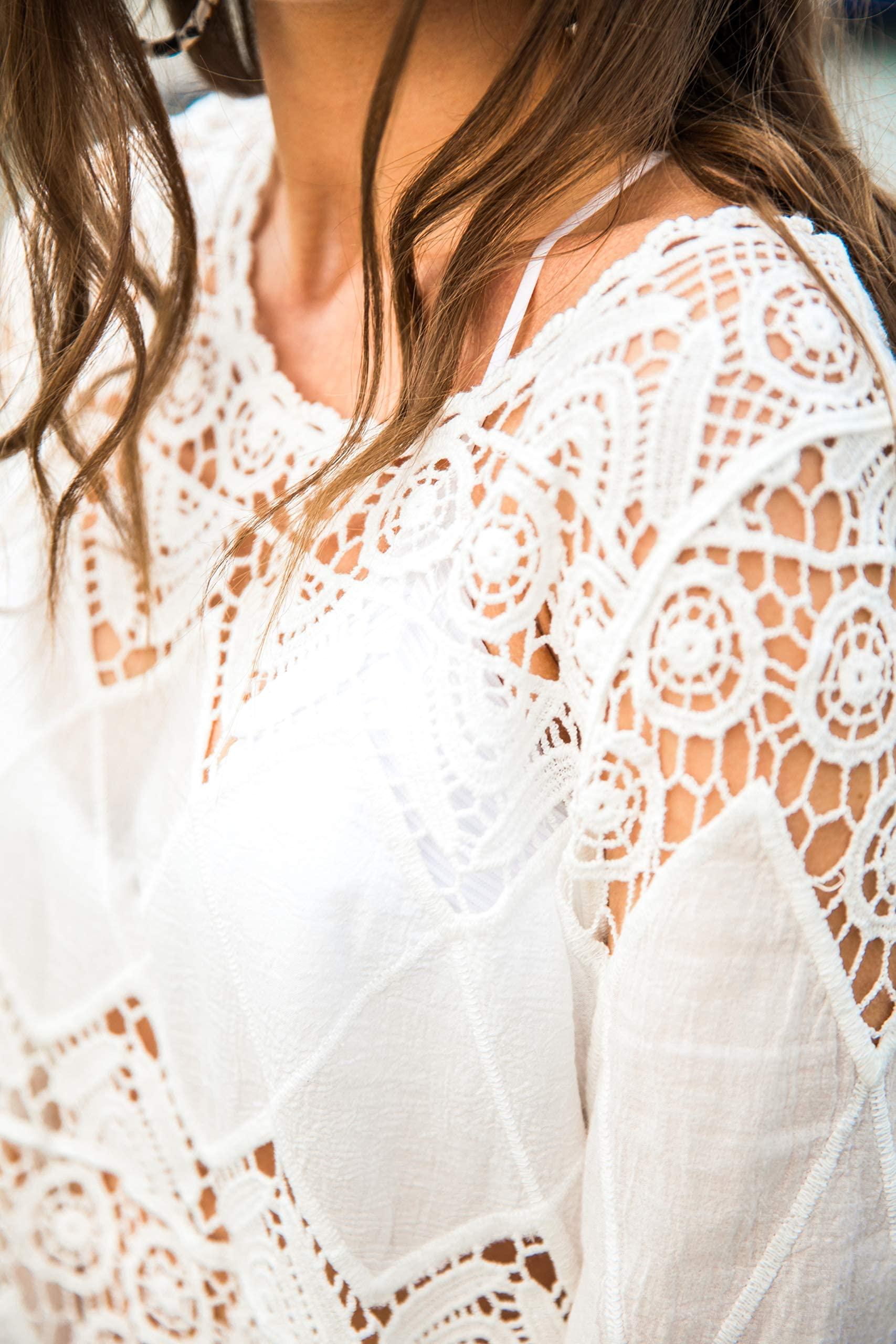Jeasona Women's Bathing Suit Cover Up Lace Crochet Tunic Bikini Beach Dress (M, White)