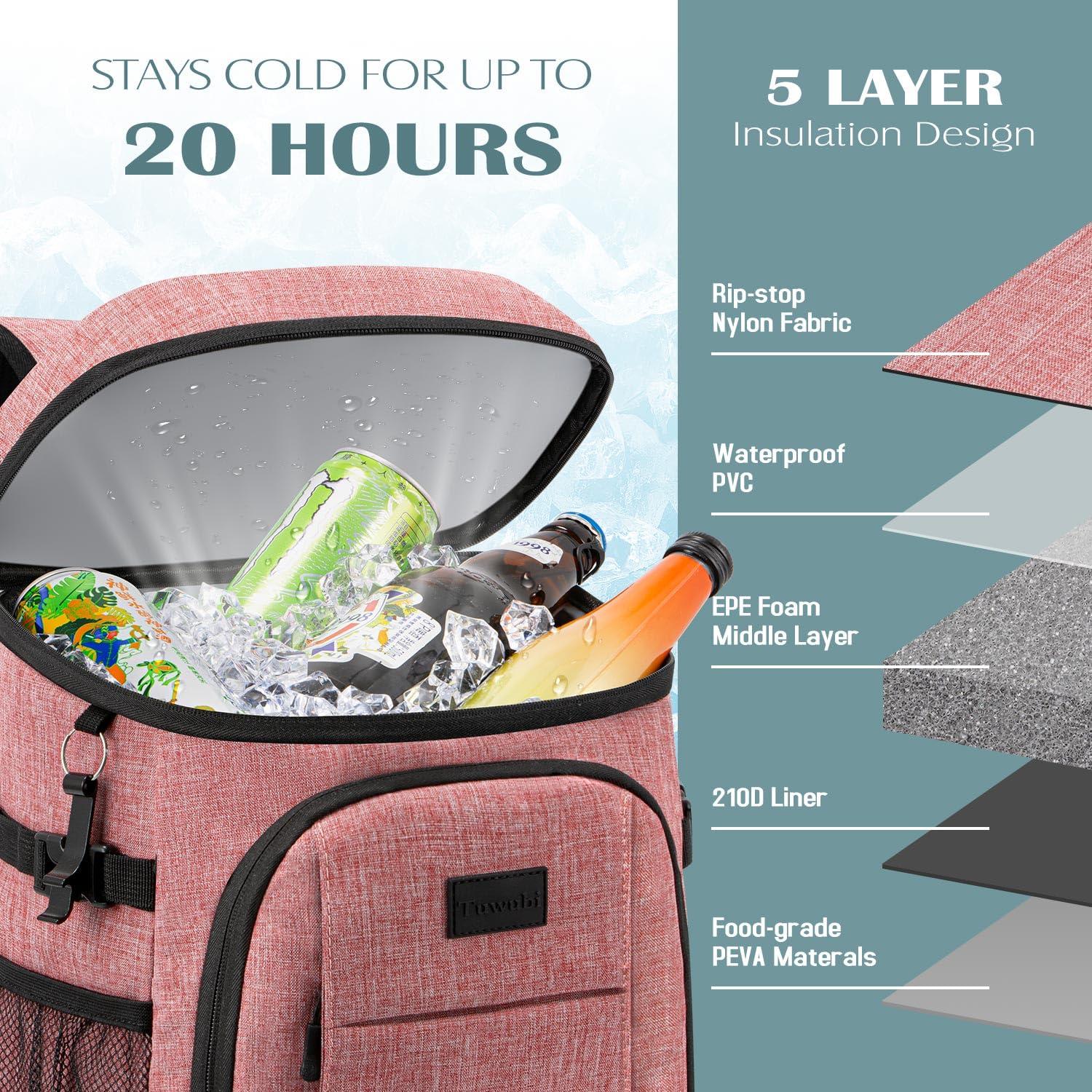 Tuwubi Tuwubi Cooler Backpack 35 Cans, Backpack Coolers Insulated Leak Proof for Men Women, Waterproof Soft Sided Lunch Camping Beach Travel Ice Chest Backpack Cooler Bag Pink