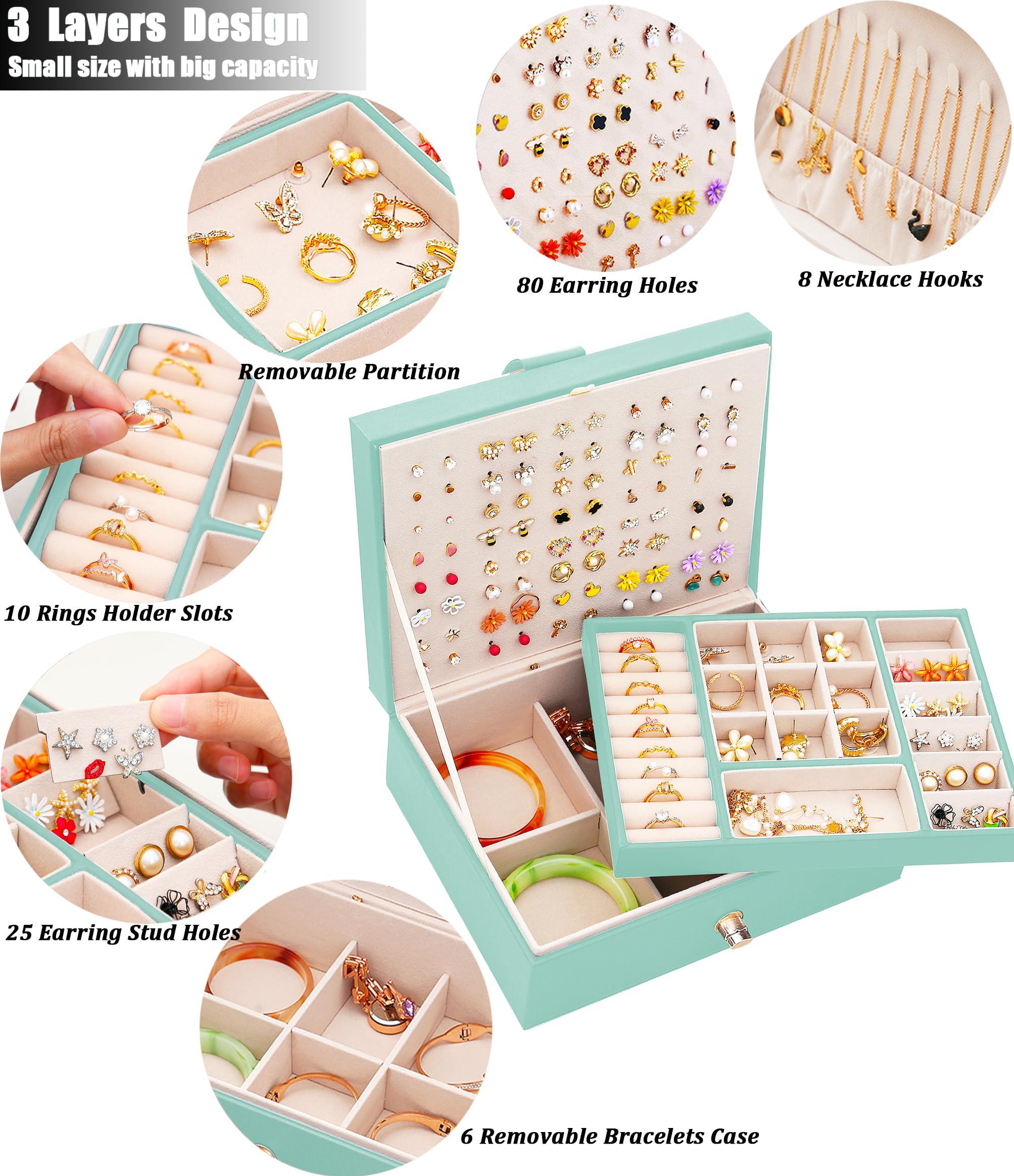 QBestry QBestry Girls Jewelry Box for Earrings Jewelry Organizer Box Teen Girls Earrings Organizer Jewelry Box Earring Holder Organizer Stud Earring Box for Girls Womens Jewelry Case Organizer Teal