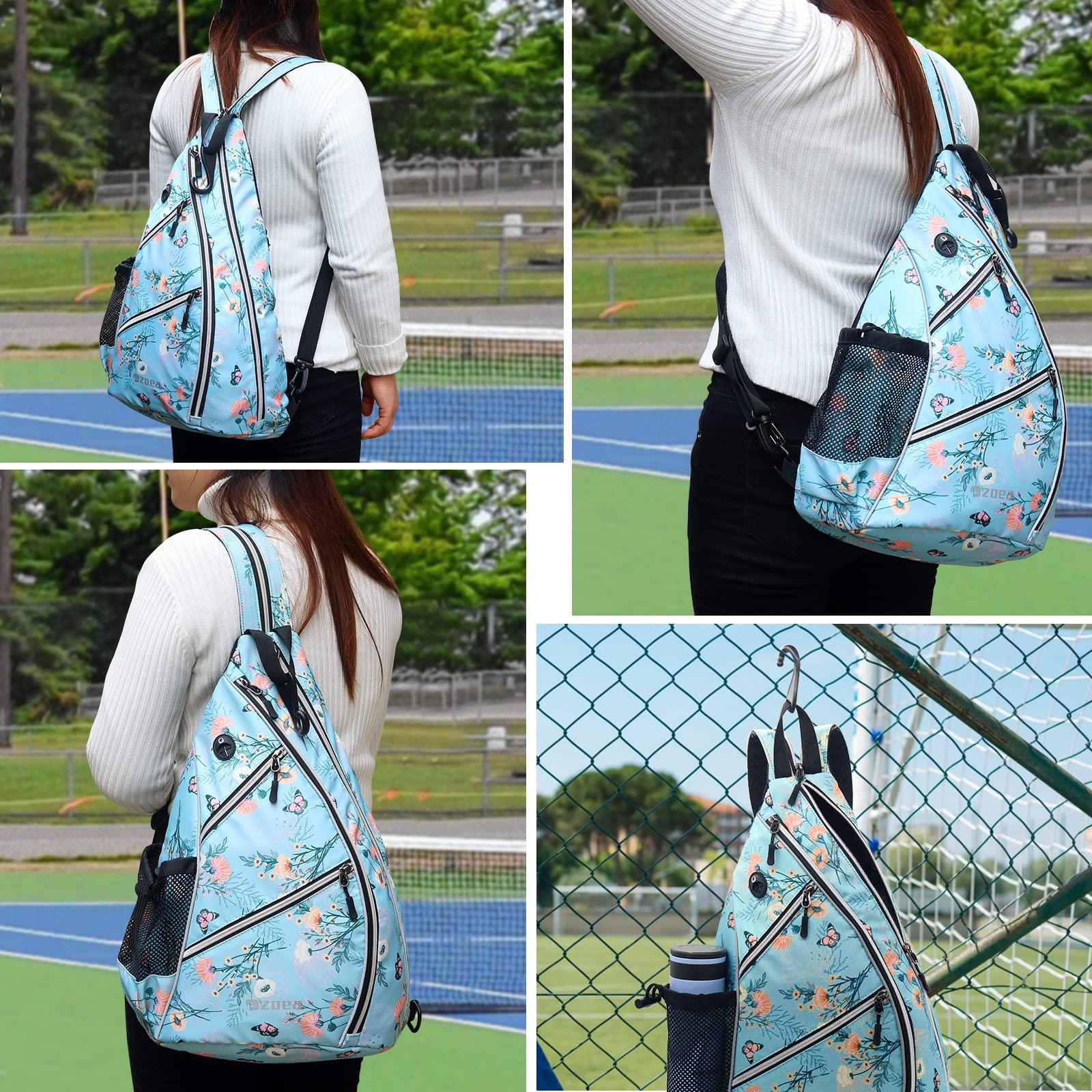 ZOEA ZOEA Pickleball Bag, Sport Pickleball Sling Bag for Women Man, Adjustable Pickleball Backpack with Fence Hook Water Bottle Holder, Fits 4 Paddles and All Your Other Gear (Flower Blue)