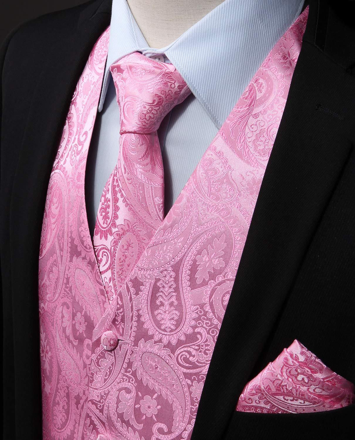 HISDERN HISDERN Men's Vest Tie Set Paisley Floral Jacquard Casual Silk Necktie Pocket Square Waistcoat for Suit or Tuxedo Pink