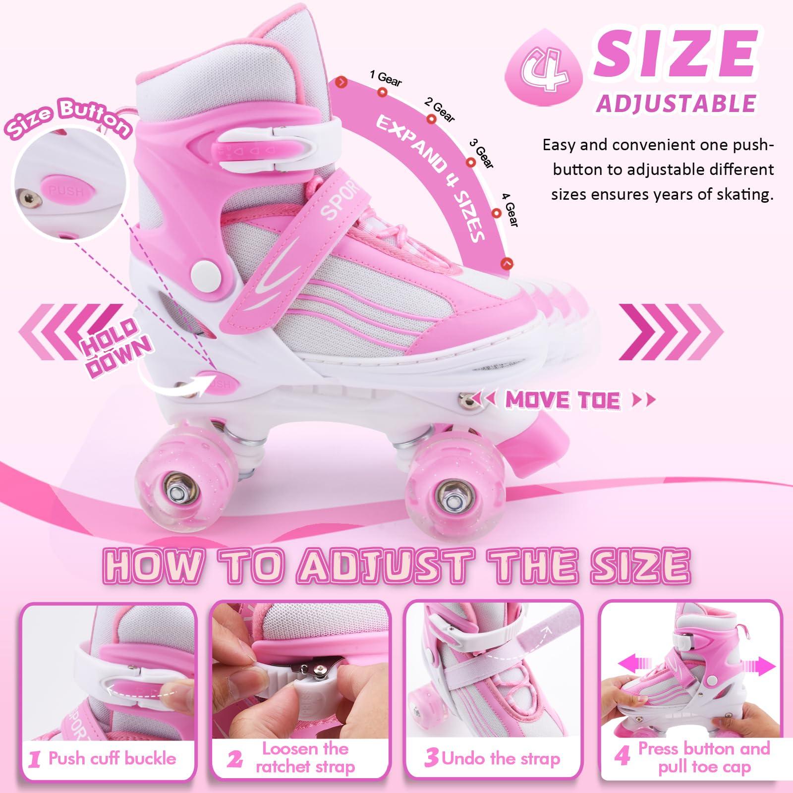 LEJIJIT LEJIJIT Girls Roller Skates for Kids Child Beginners, Adjustable 4 Sizes Quad Roller Skates Pink & White for Kids and Youth with Light Up Wheels for Sports (Large 4-7 US)