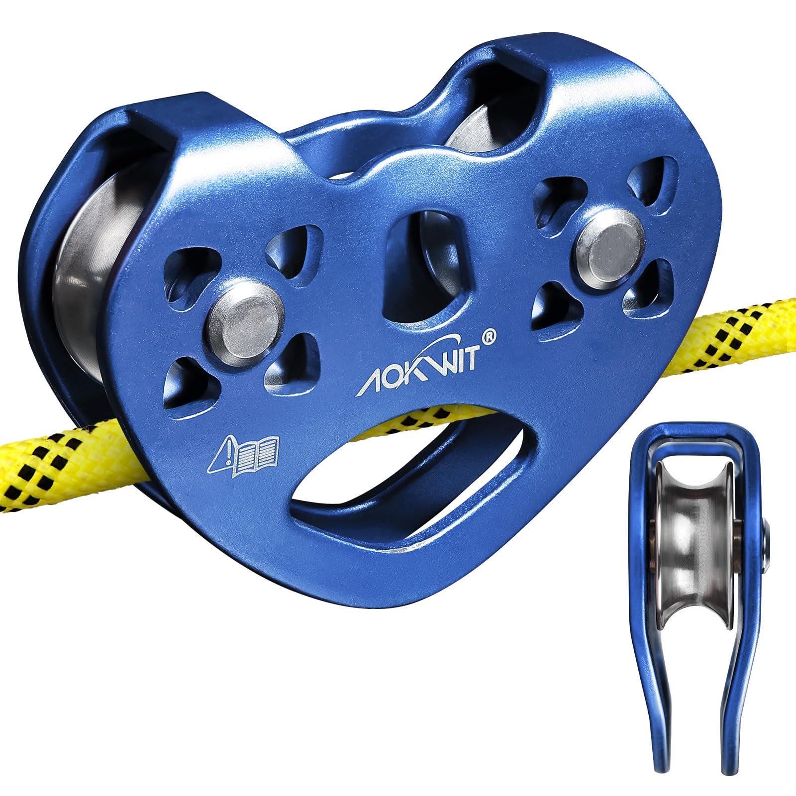 AOKWIT Zip Line Pulley 8-13mm Climbing Pulley Cable Rope Durable Aluminum Stainless Steel Roller Double Tandem Speed Dual Pulley 25KN for Backyard Zipline Hauling Rigging Mountaineering Rescue Climbing Gear