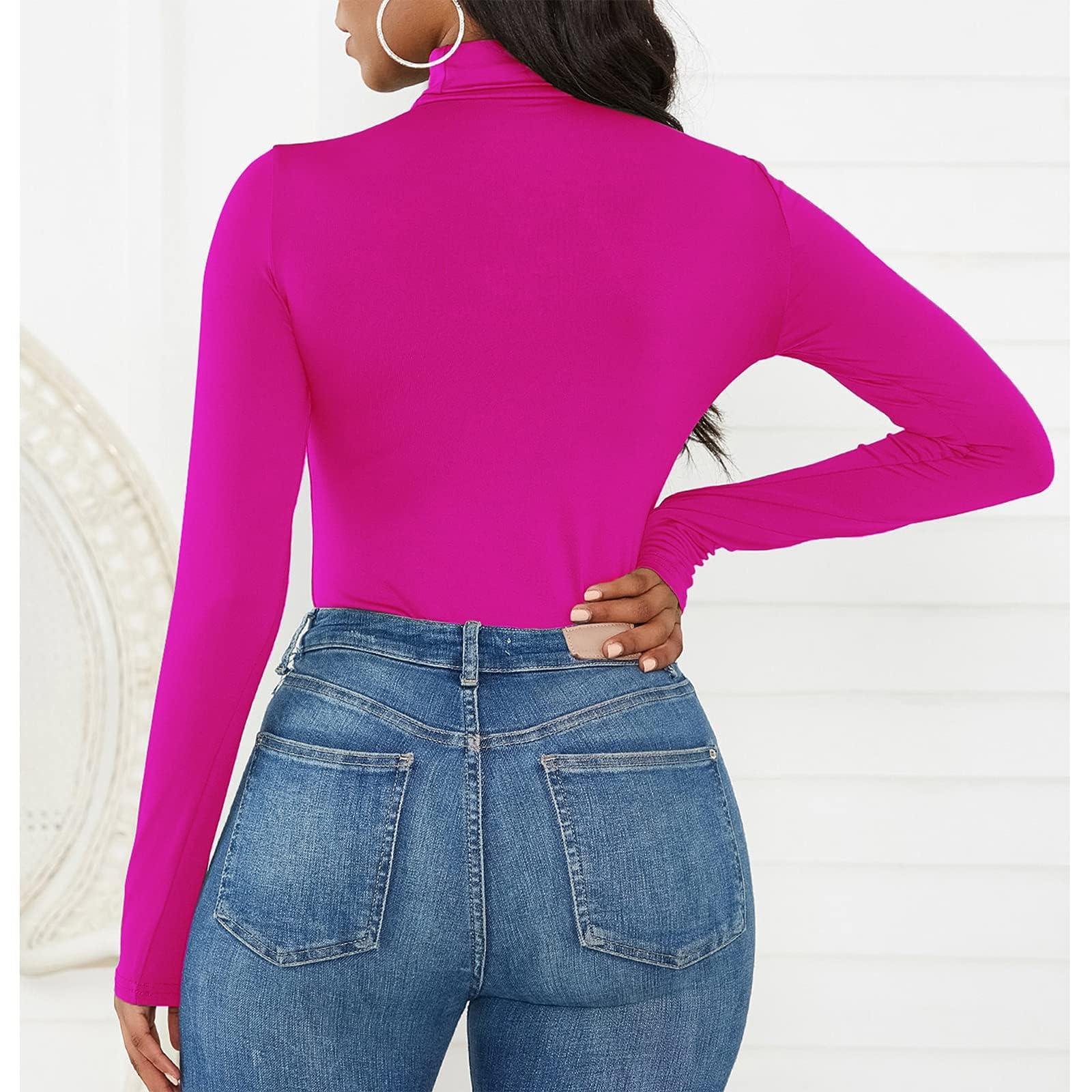 American Trends Hot Pink Bodysuit for Women Pink Long Sleeve leotard Neon Pink Turtleneck Leotards Neon Mock Turtle Neck Body Suit Shapewear Tops Rose Red S