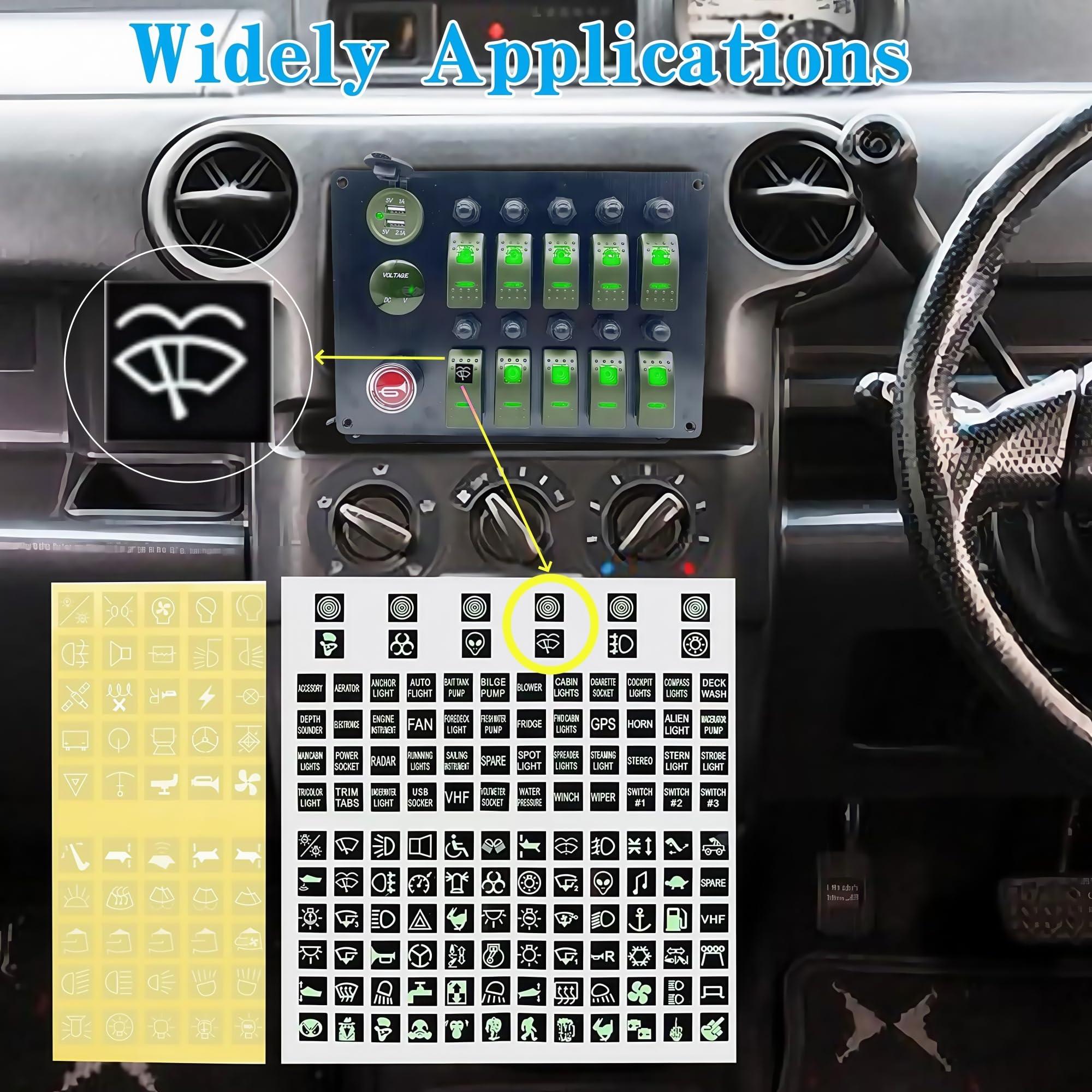 NineFit Basics 10 Gang Marine Rocker Switch Panel with Fuses, LED Voltmeter Dual USB Car Charger Power Socket Boat Horn Button 12V 24V RV Waterproof Switch Panel with Breakers for Truck Automotive (Green)