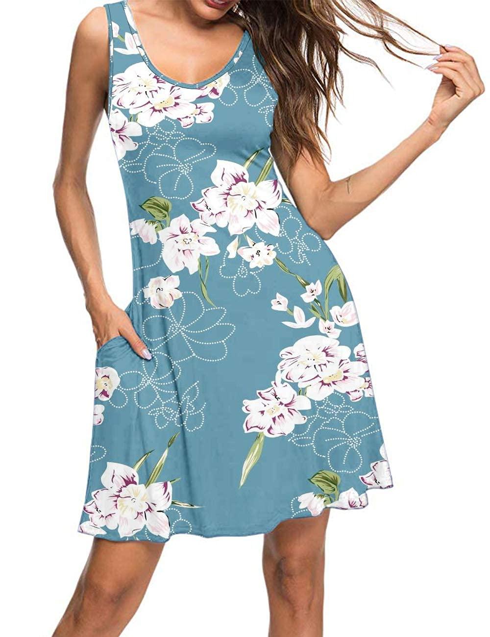 MISFAY MISFAY Women's Summer Casual T Shirt Dresses Beach Cover up Tank Dress(Floral Light Blue,L)