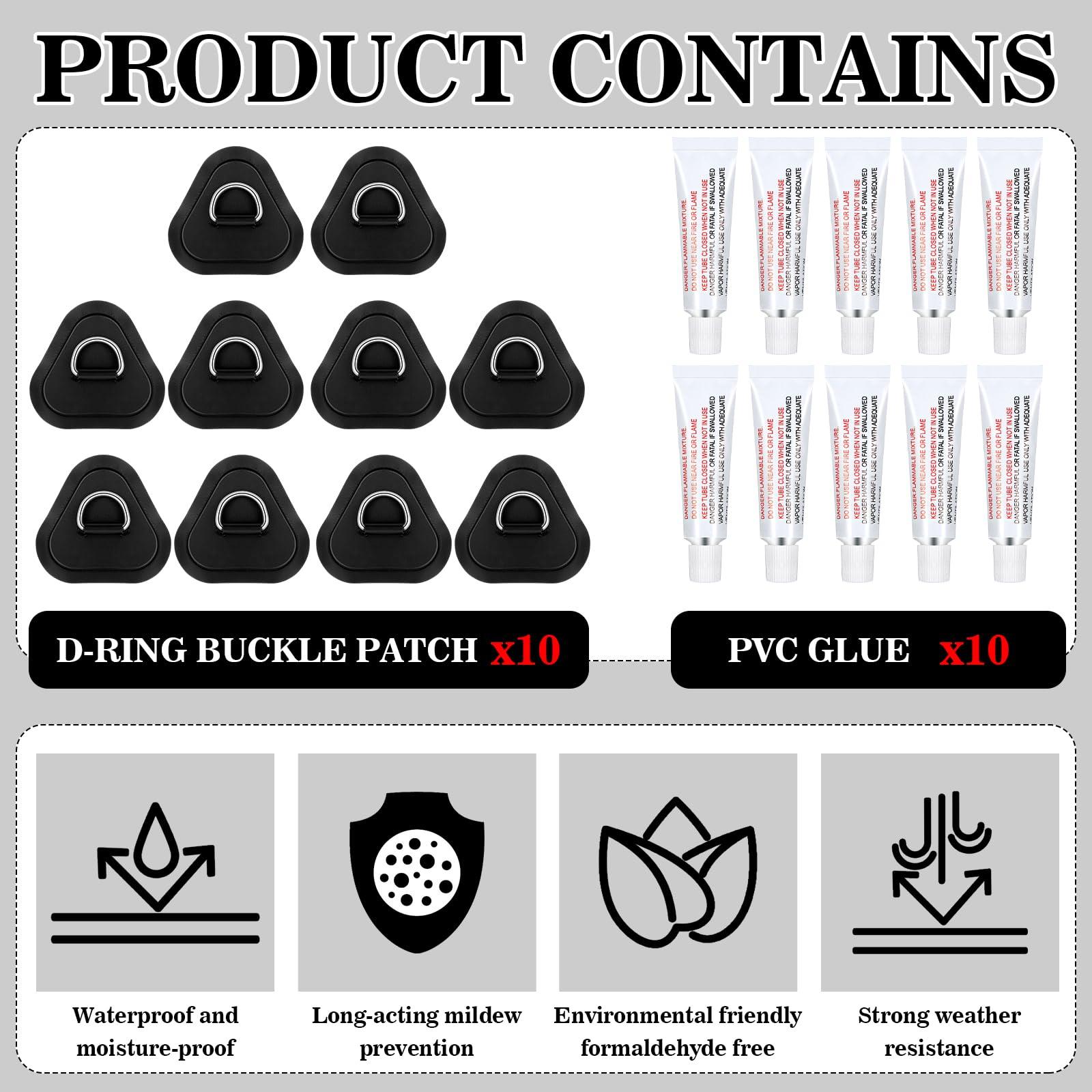 Newwiee Newwiee 10 D Ring PVC Patch for Inflatable Boat With10 Liquid Waterproof Repair Patch Cement Inflatable Repair Set for Inflatable Boat Dinghy Sup Kayak Surfboard Rafting Canoe