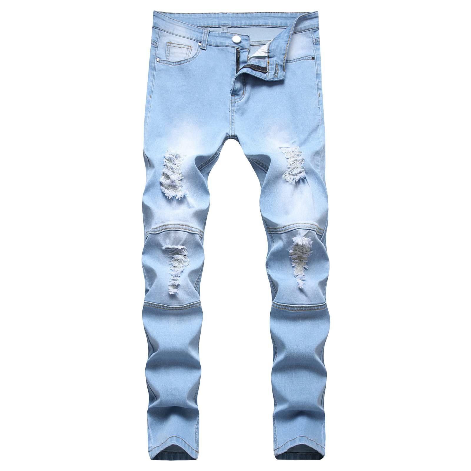 JEsilunmaMY JEsilunmaMY Mens Summer Biker Denim Pants Mid Waist Distressed Ripped Straight Leg Jeans Slim Fit Stretch Street Pencil Jeans (Blue,30)