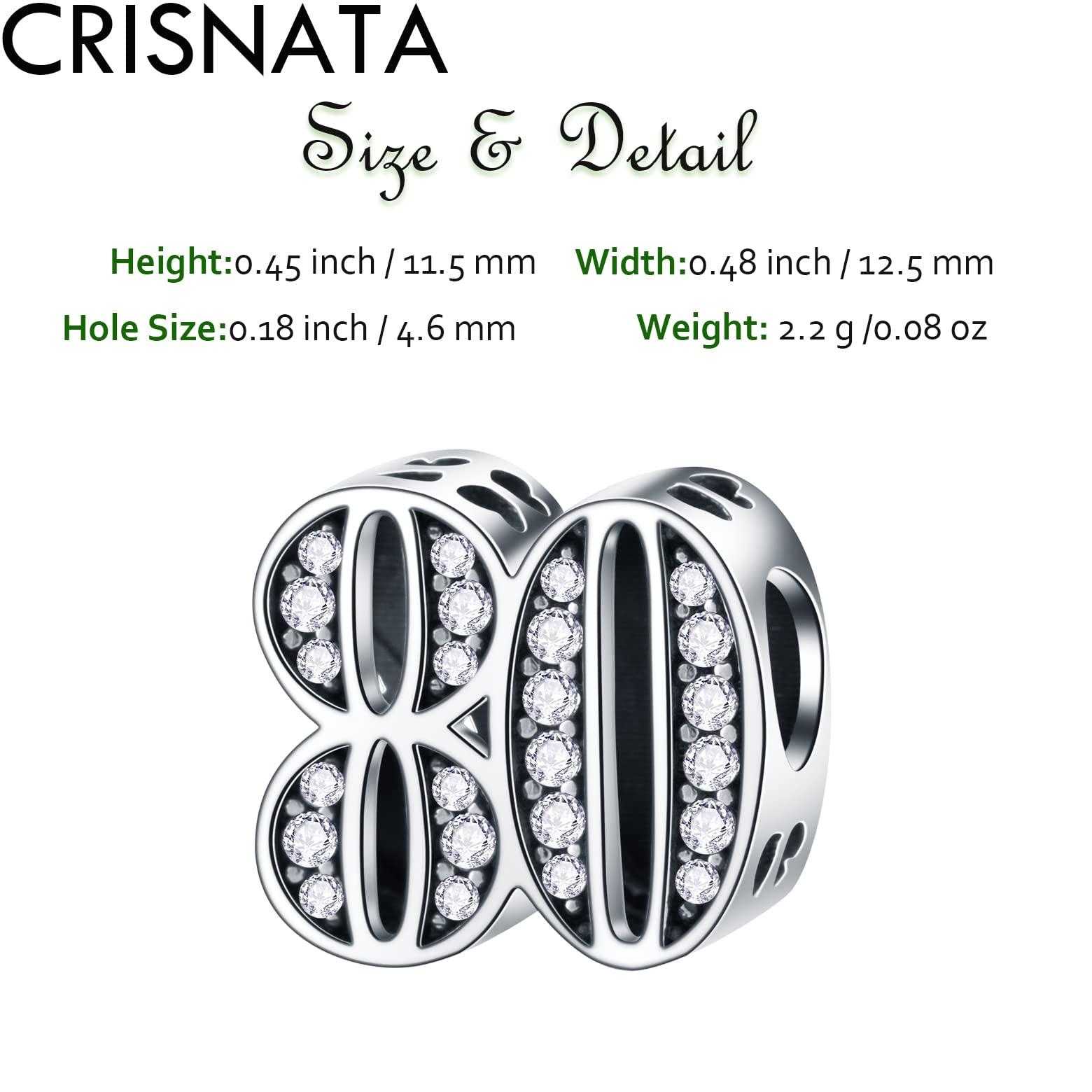 CRISNATA 80 Year Old Birthday Charms fits Pandora Bracelet, 925 Sterling Silver 80th Number Beads with CZ Birthstone, 80 Years of Love Gifts for Anniversary/Grandpa/Grandmother