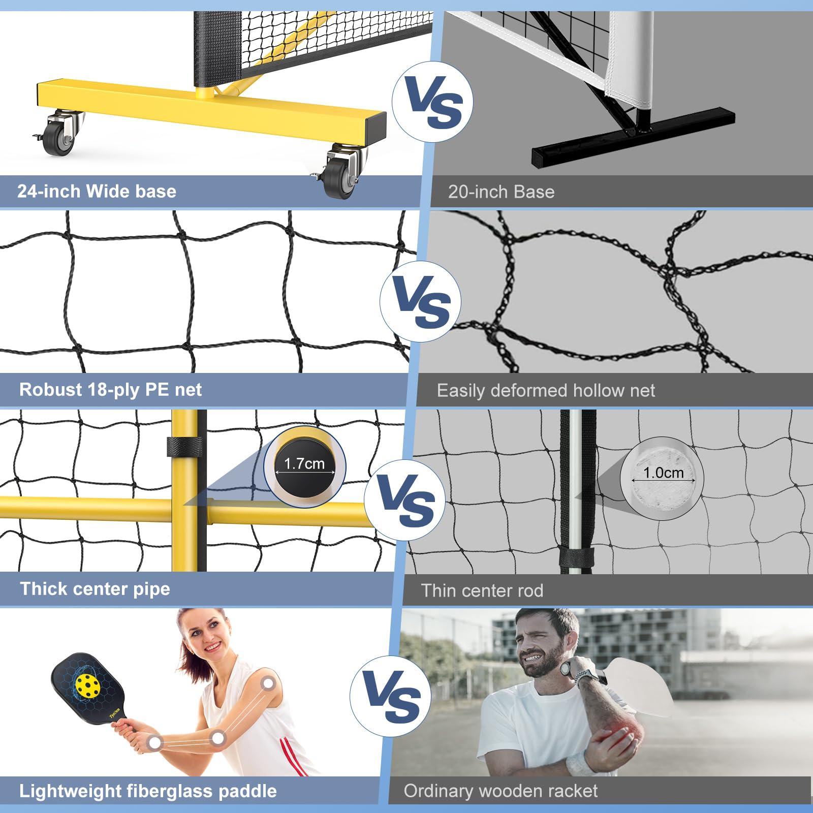 TYRSEN TYRSEN Pickleball Net Set - Pickleball Net on Wheels for Driveway Backyard, 22FT Regular Size, 4 Fiberglass Paddles & 6 Balls, 12 Court Markers, Portable Pickle Ball System with Carry Bag