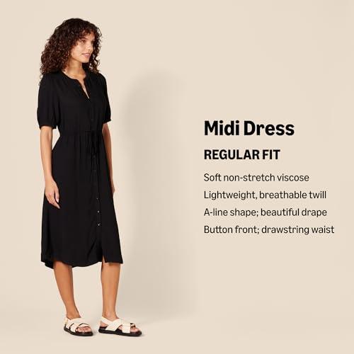 Amazon Essentials Amazon Essentials Women's Fit and Flare Half-Sleeve Waisted Midi A-Line Dress with Pockets, Black, Medium