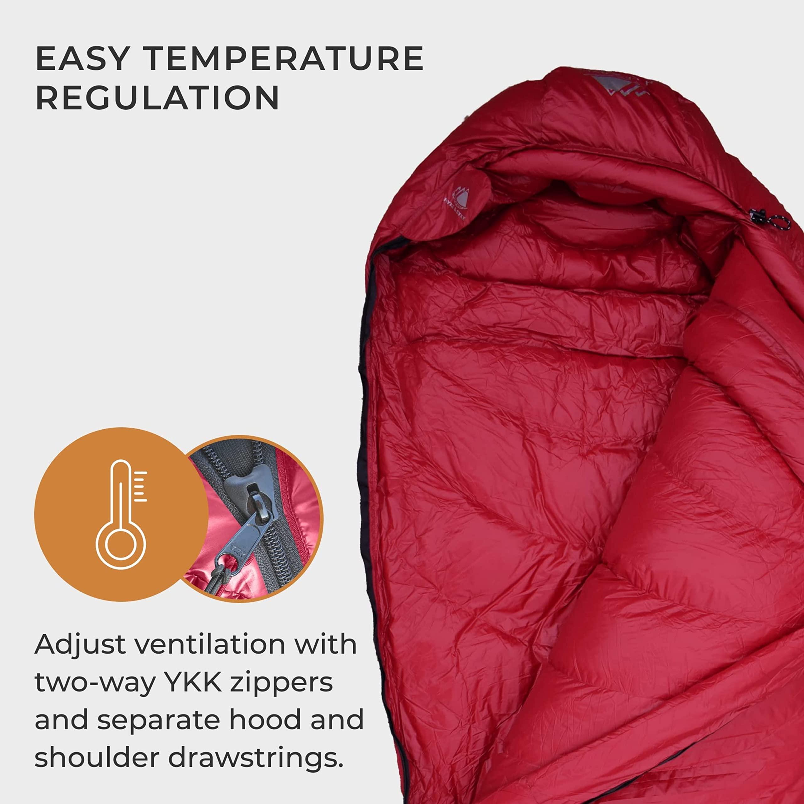 Hyke & Byke Hyke & Byke Snowmass 0F Cold Weather Mummy Hiking & Backpacking Sleeping Bag - Duck Down 650 FP 4 Season Sleeping Bags for Adults - Ultralight with Compression Stuff Sack (Maroon, Short)