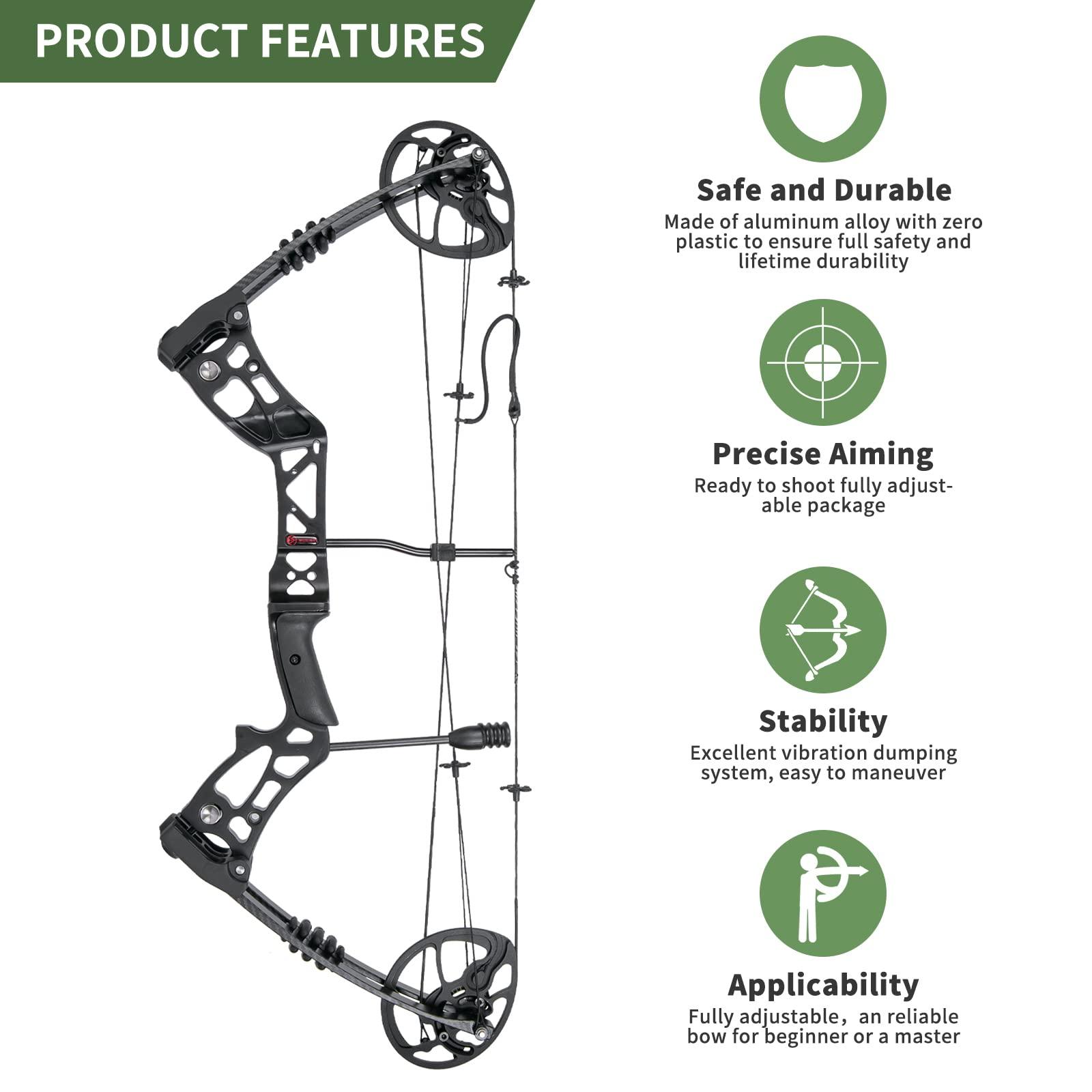 WUXLISTY WUXLISTY Compound Bow and Arrow for Adult and Beginner, Hunting Bow Archery Set, Right Hand, 30-70 Lbs Draw Weight, 23.5-31 Draw Length, 5 Pins Bow Sight with Accessories, Black Pro
