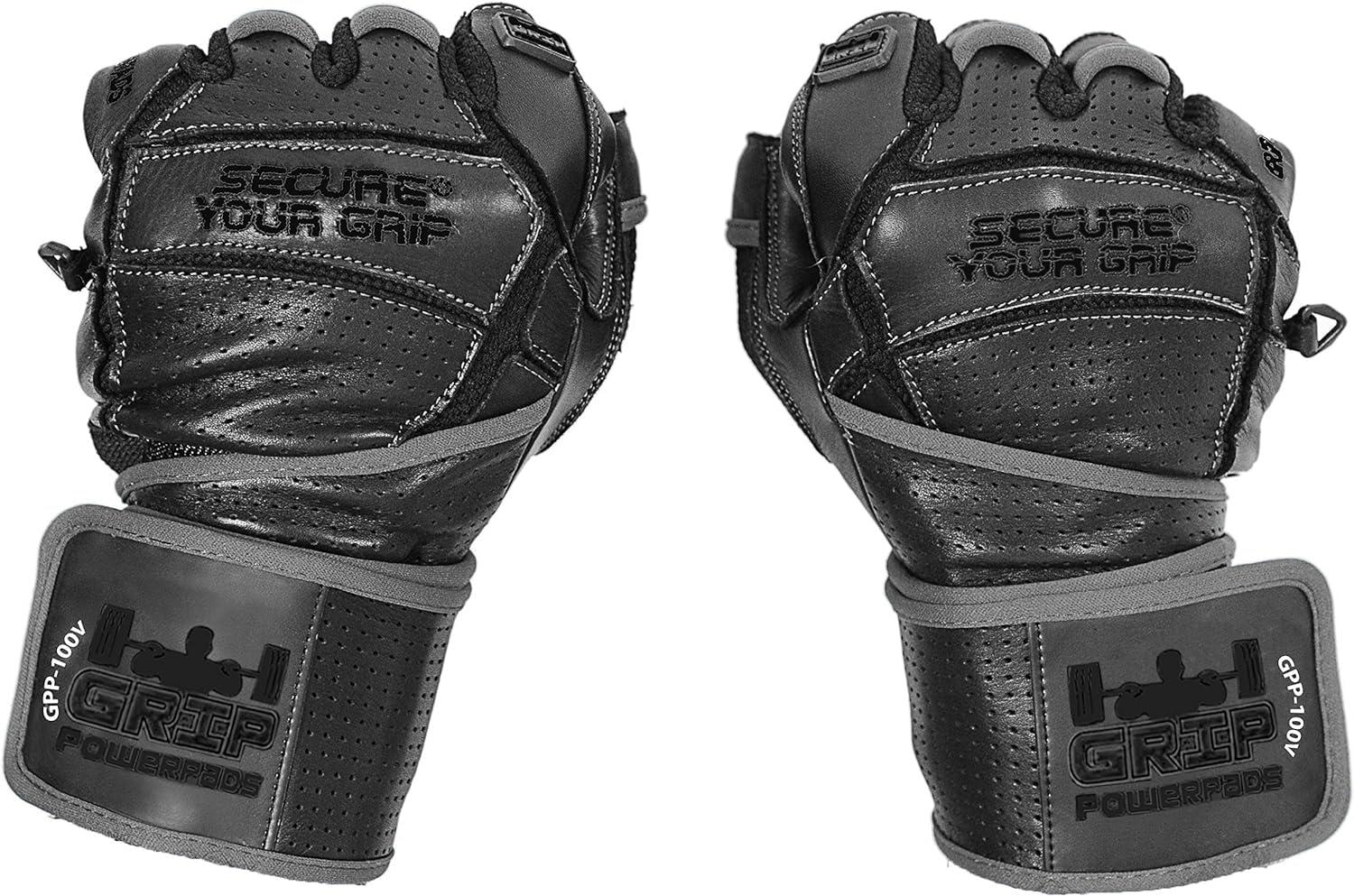 Grip Power Pads Elite Leather Gym Gloves with Built in 2" Wide Wrist Wraps Best Leather Glove Design for Weight Power Lifting Bodybuilding & Strength Training Workout Exercises (Black, Large)