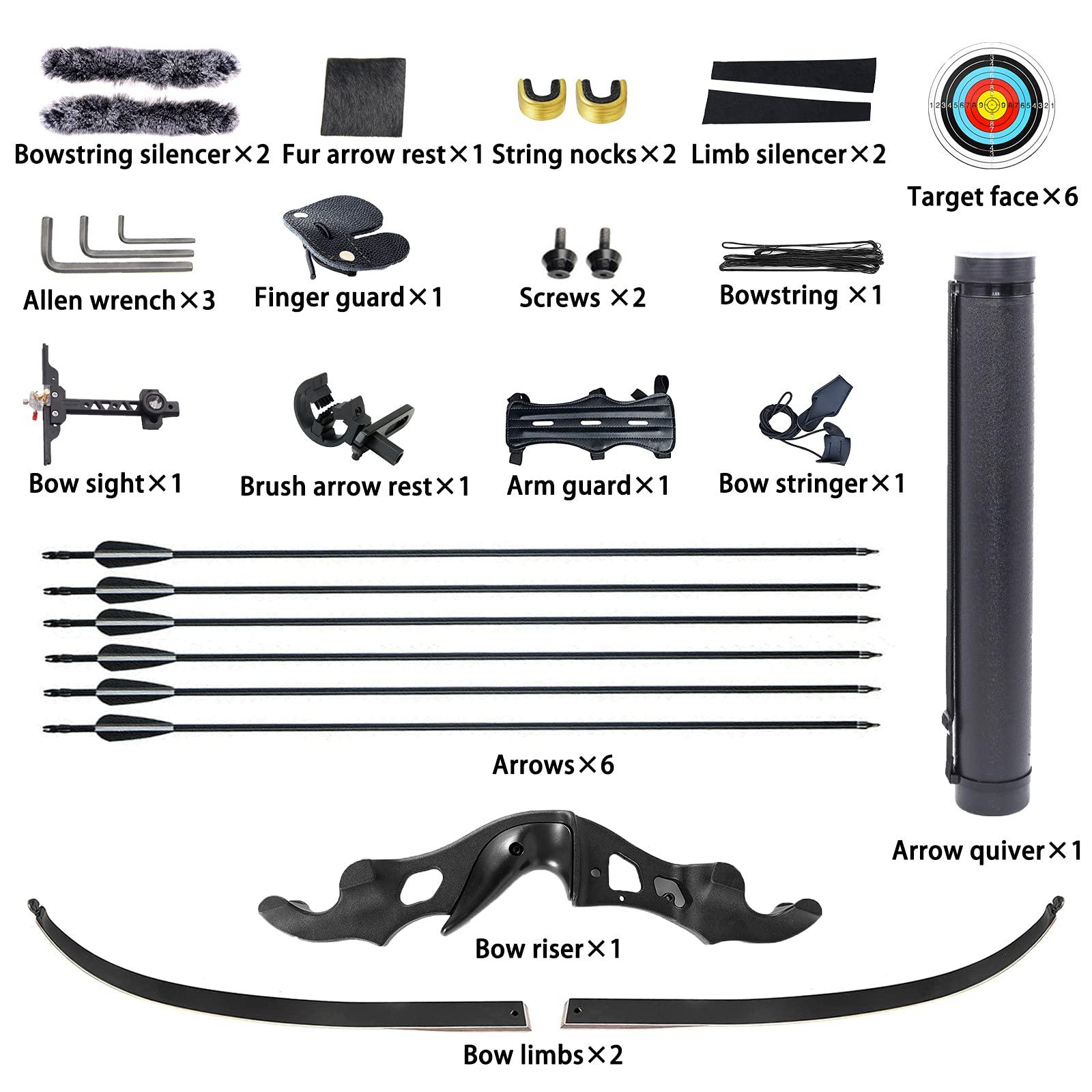 OBTOUTDOOR Black Hunter Recurve Bows Hunting Bow and Arrow for Adults Archery Bow 60\" 20-55 lbs Right Hand Aluminium Alloy Riser with Carbon Arrows Arrow Quiver for Shooting Competition (55 lbs)